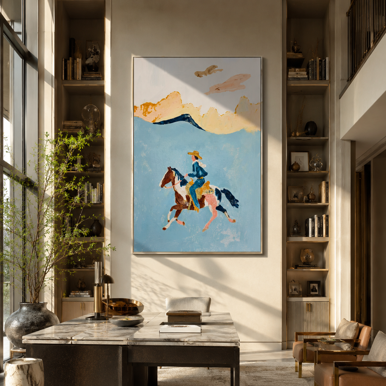 Three Horses Chase Wind displayed in a layered residential setting
