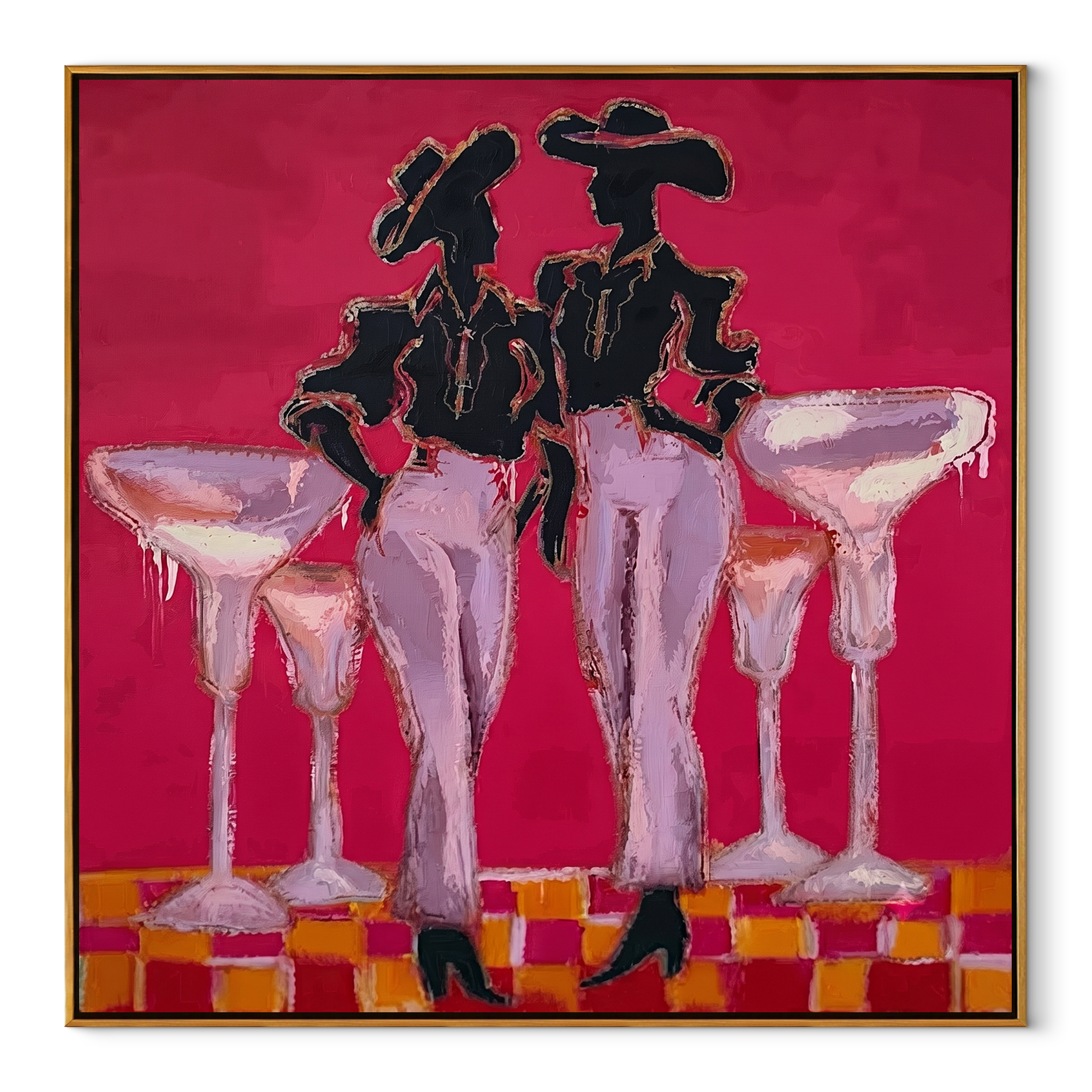 Four Glasses Guard Magenta Western figurative painting, square canvas artwork