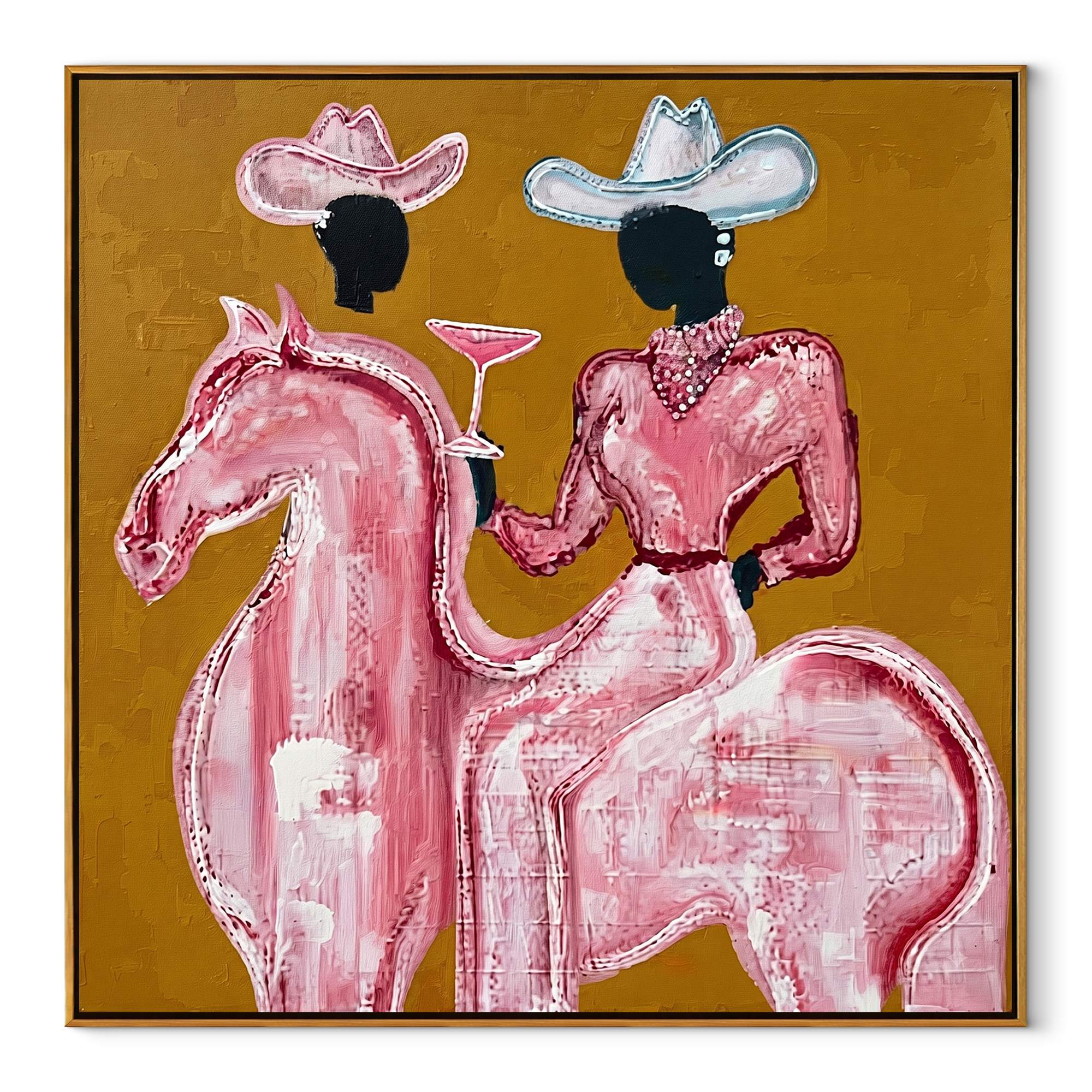 Pink Rider Raises Glass Western figurative painting, square canvas artwork
