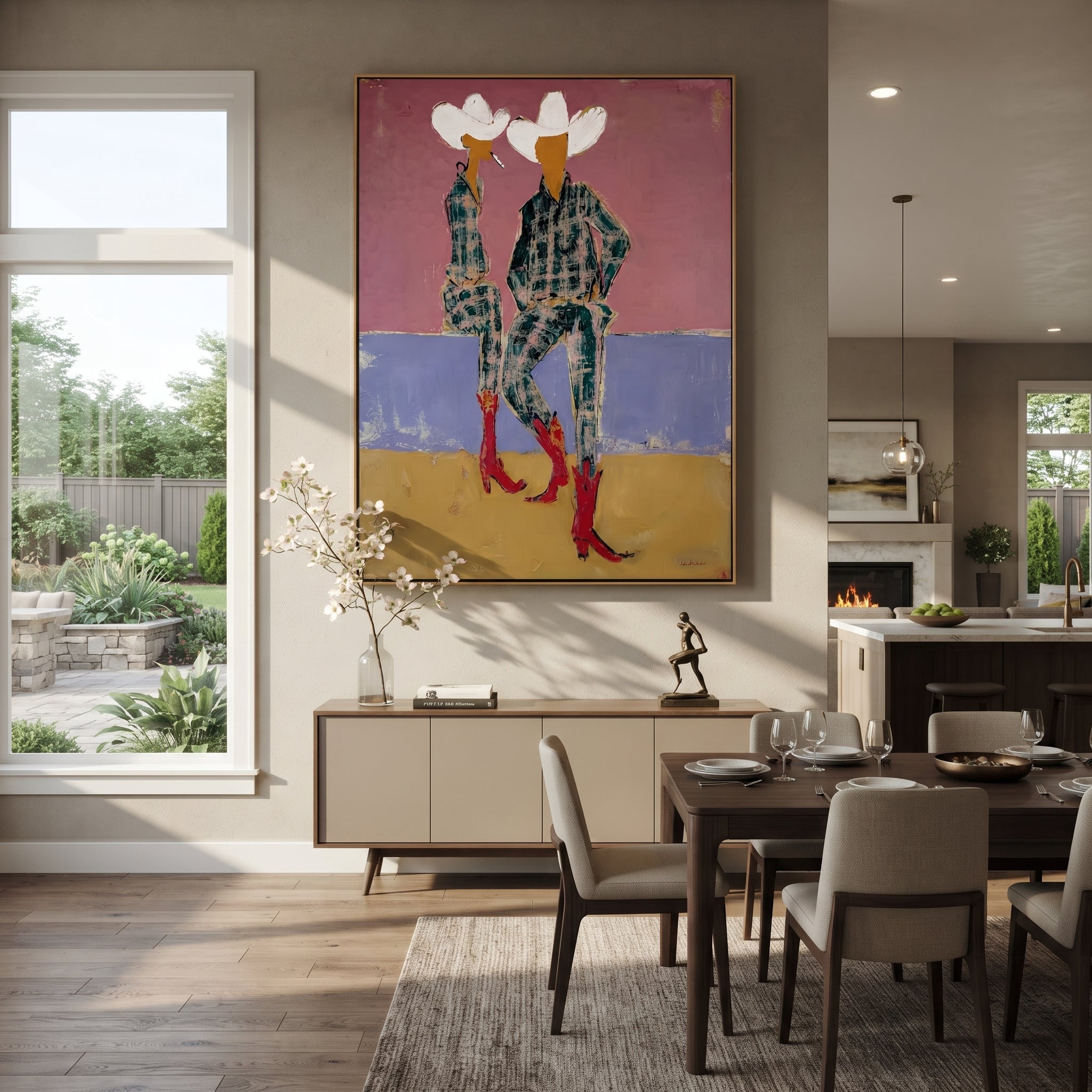 Red Boots Meet Lavender displayed in a collected contemporary interior