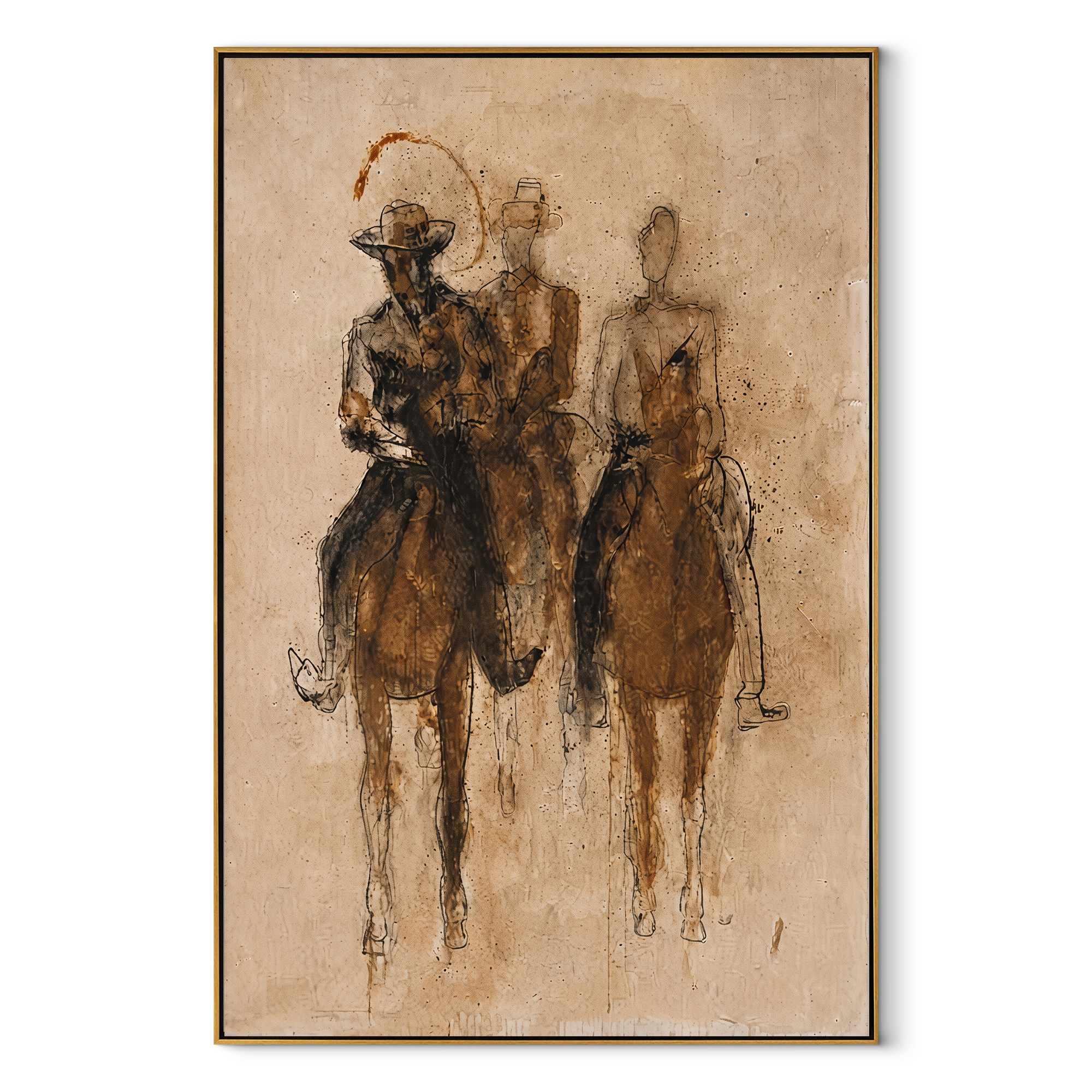 Three Riders Fade Sepia Western figurative painting, vertical canvas artwork
