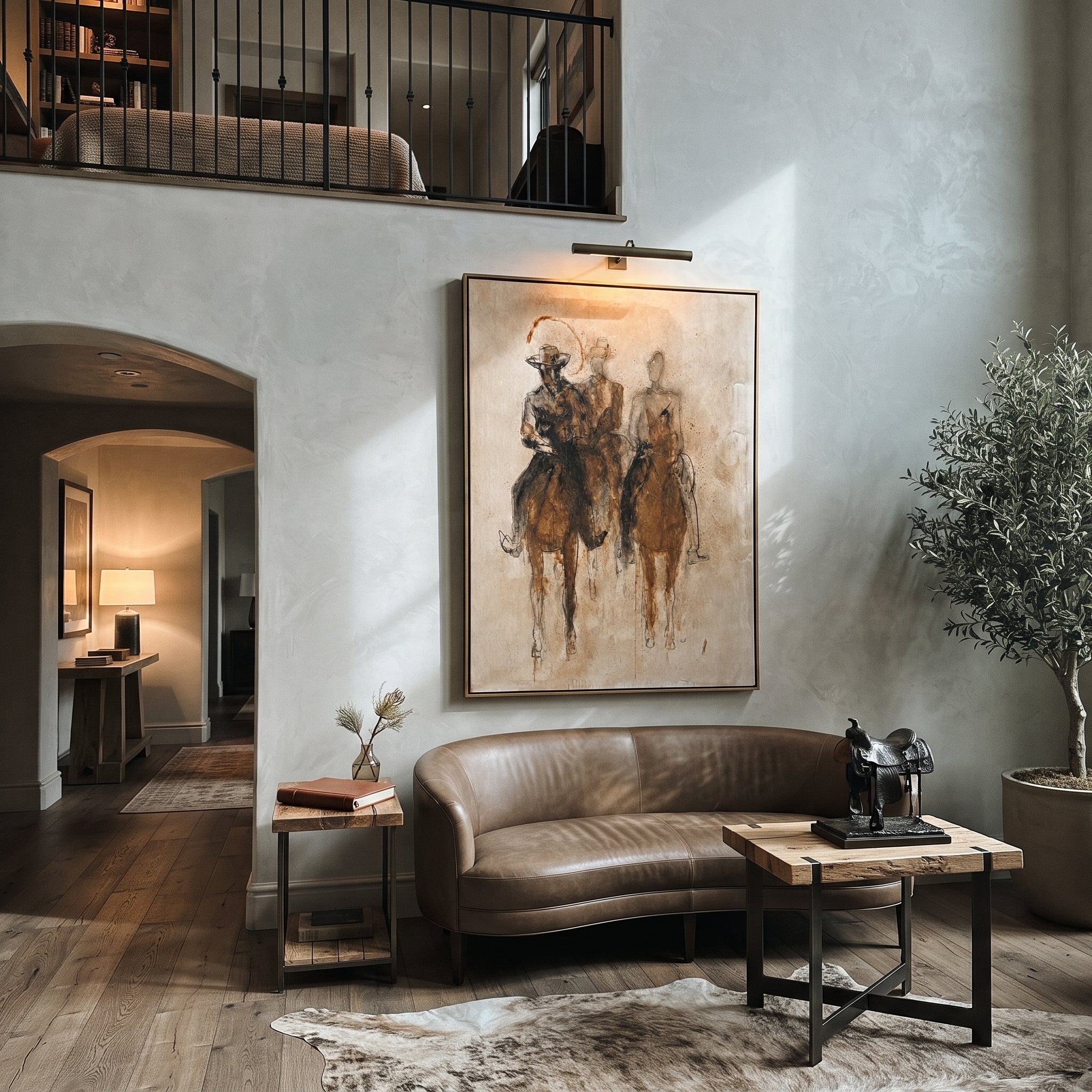 Three Riders Fade Sepia styled with wood, linen, and modern decor