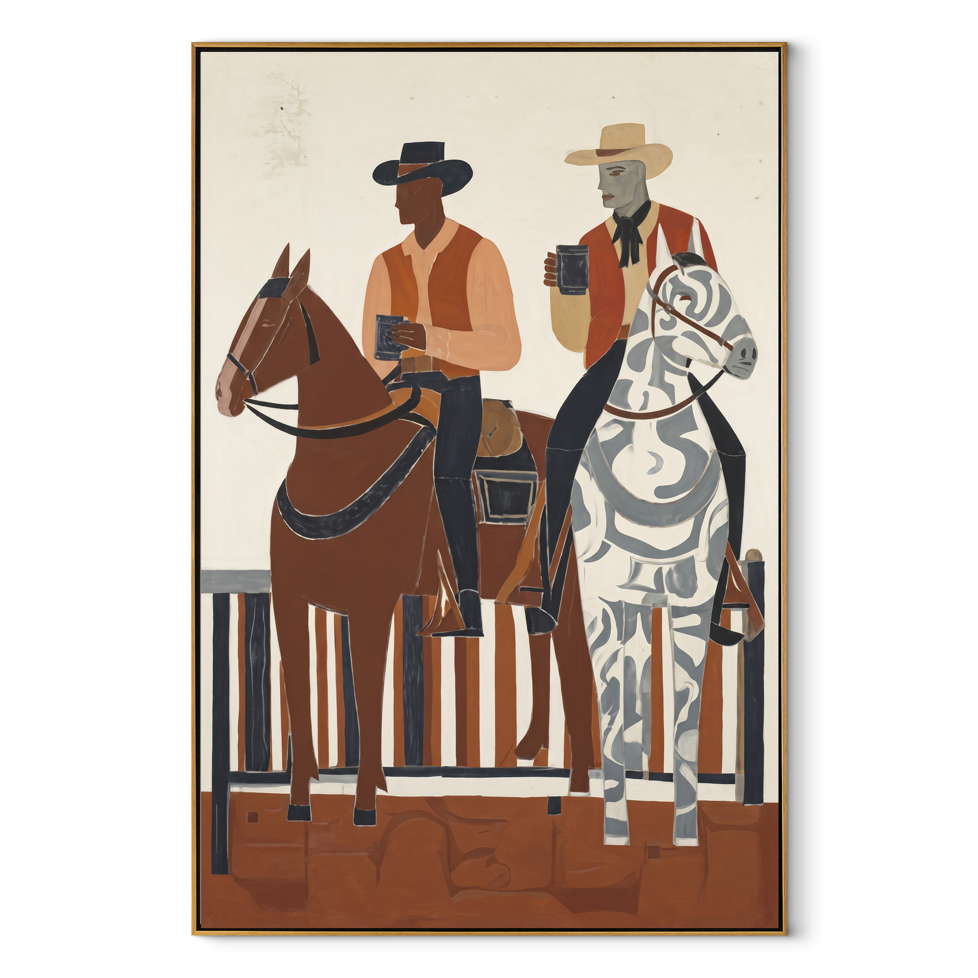 Coffee Rides Beside Stripes Western figurative painting, vertical canvas artwork