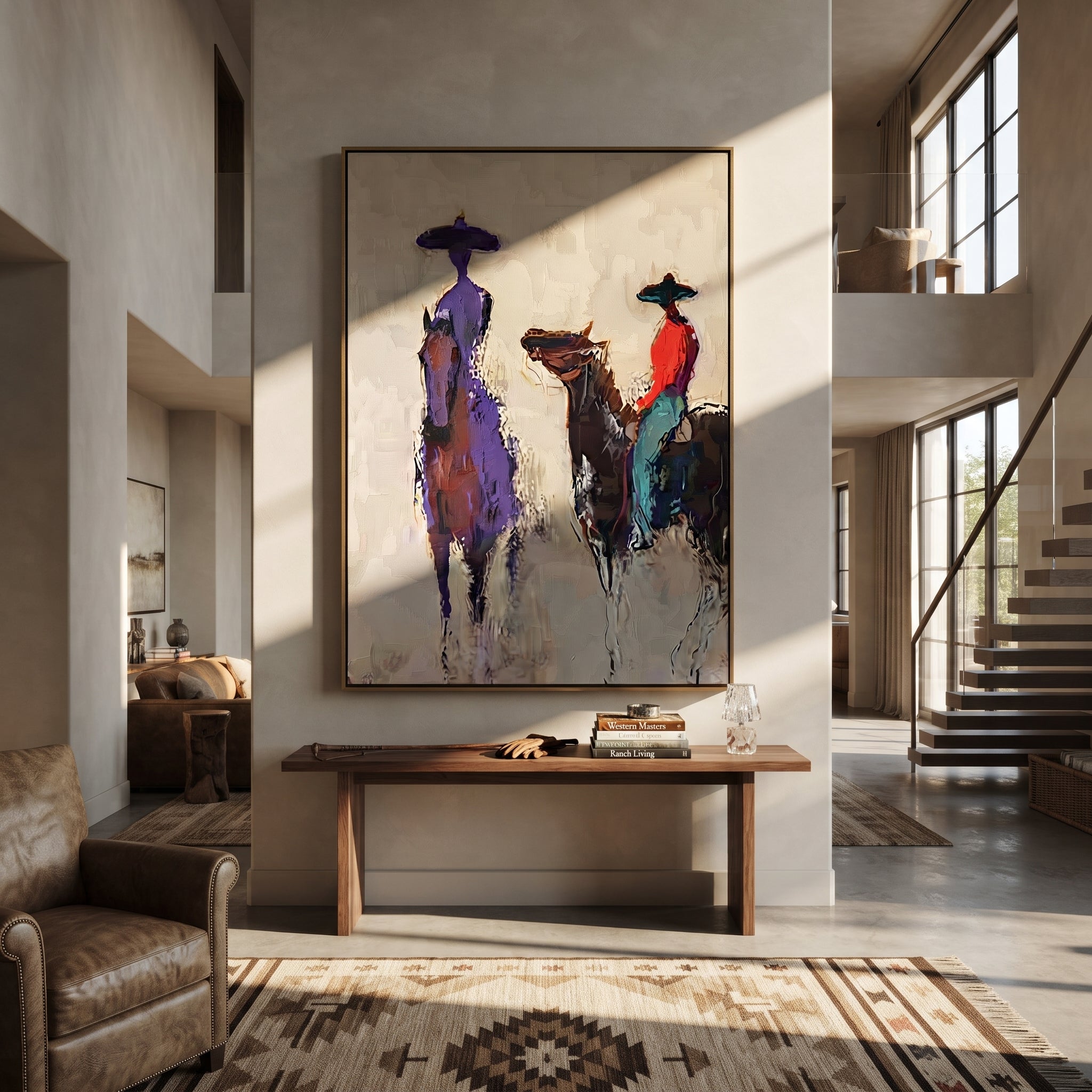Purple Figure Meets Riders displayed in a collected contemporary interior