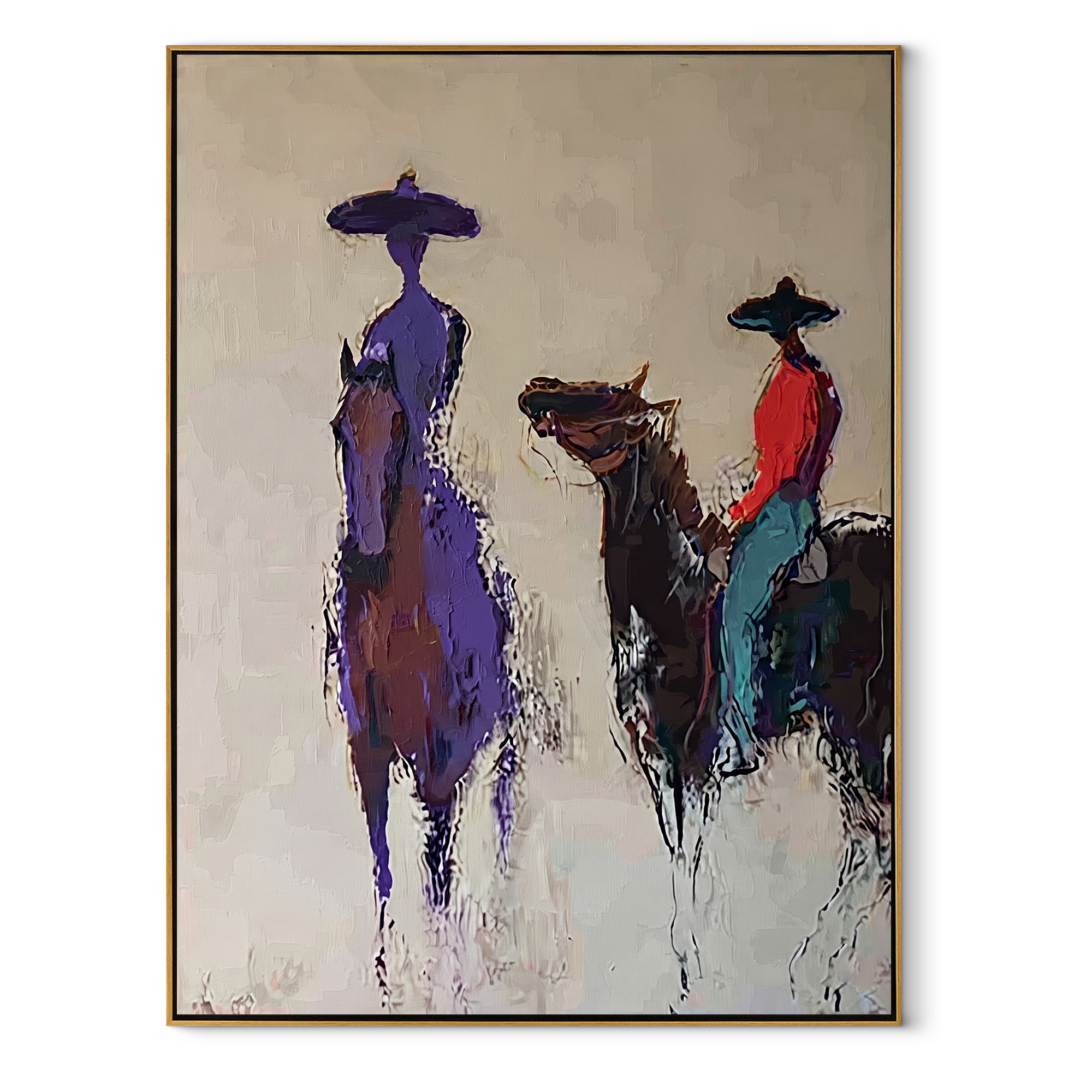 Purple Figure Meets Riders Western figurative painting, vertical canvas artwork