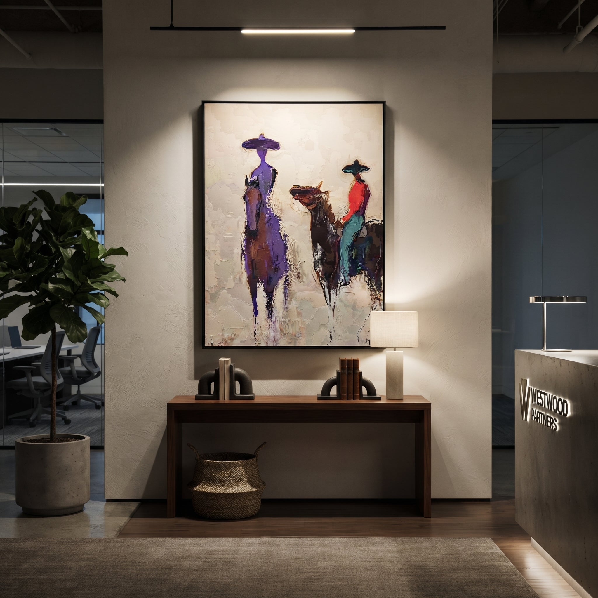 Purple Figure Meets Riders styled with warm modern furnishings