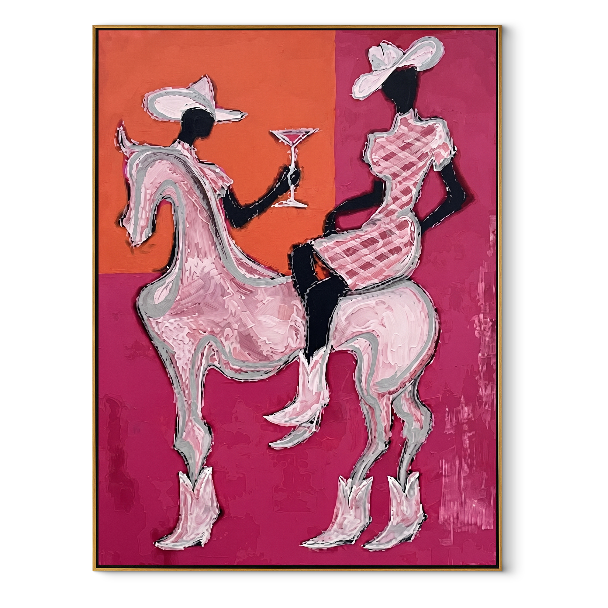 Pink Riders Exchange Toast Western figurative painting, vertical canvas artwork