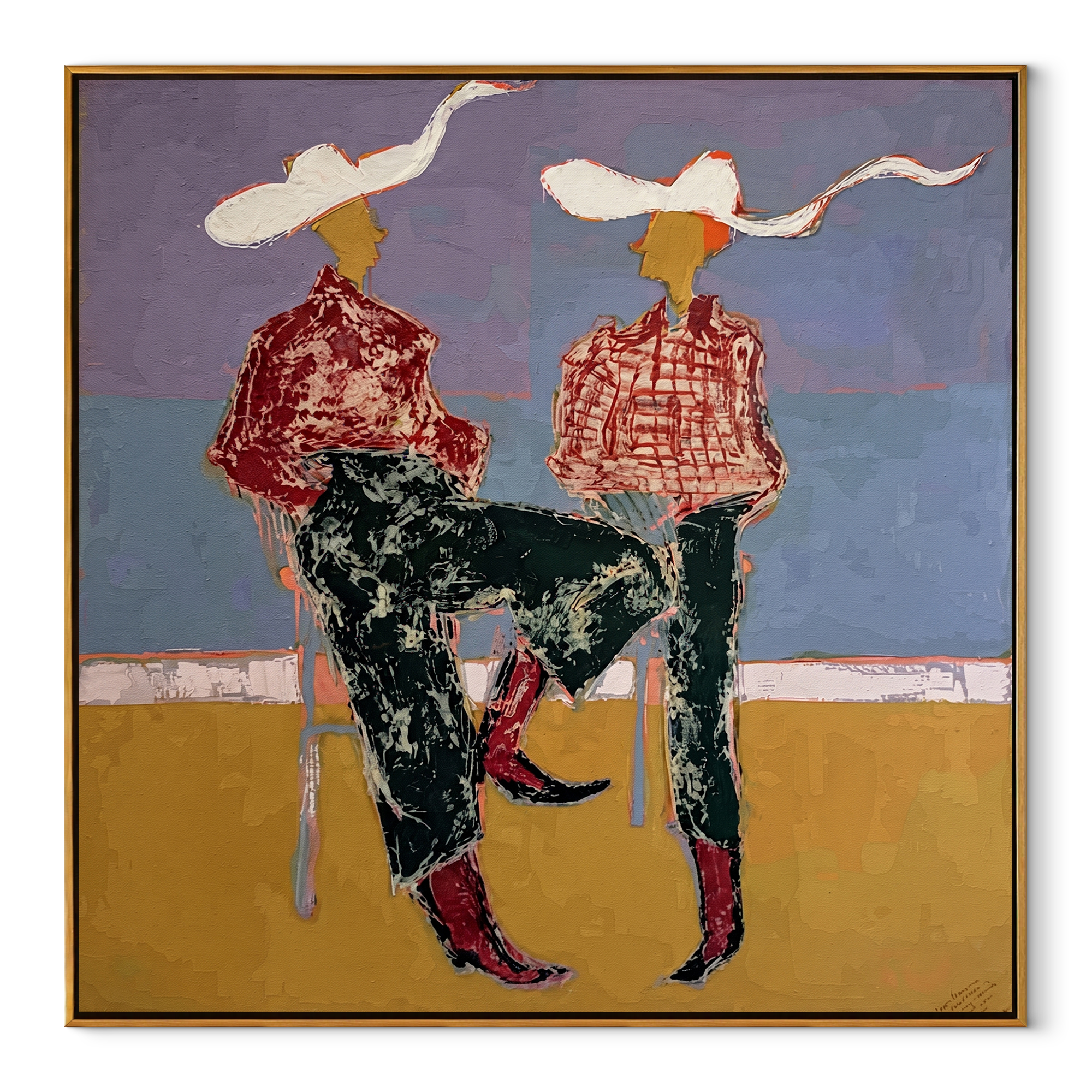 White Ribbons Cross Blue Western figurative painting, square canvas artwork
