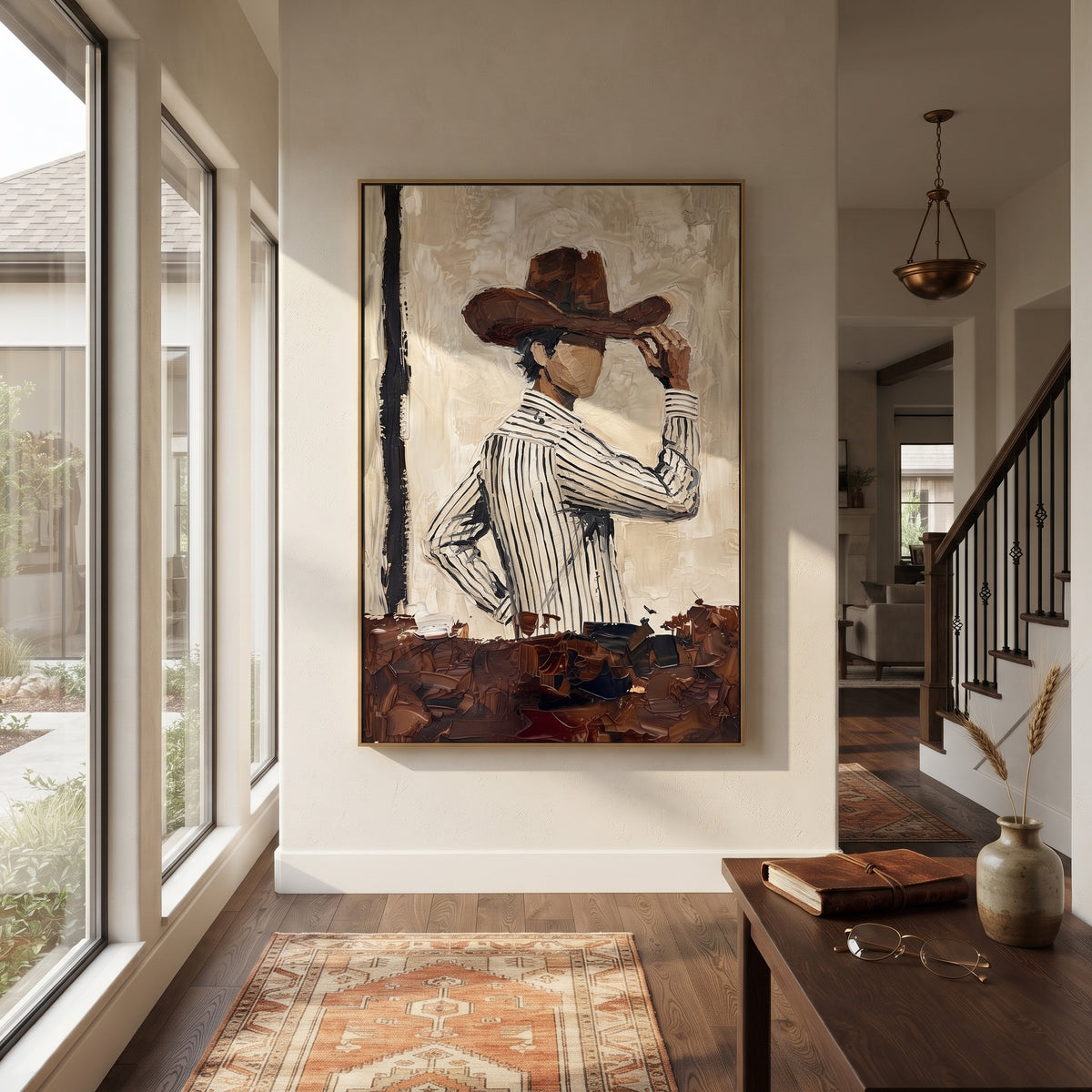 Brown Brim Frames Profile – striped cowgirl profile, contemporary Western vertical wall art - displayed along a stair landing