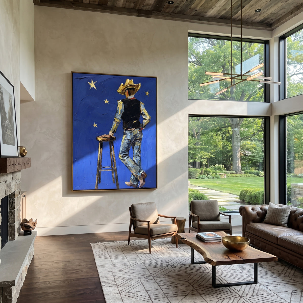 Blue Stars Guard Stool – standing cowboy and stool, contemporary Western vertical wall art - displayed above a narrow living room console