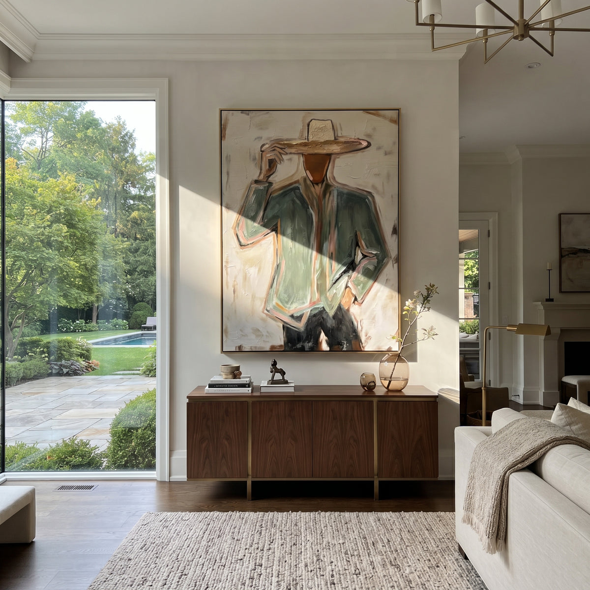Straw Brim Tips Quietly – faceless green jacket cowboy, contemporary Western vertical wall art - displayed along a stair landing