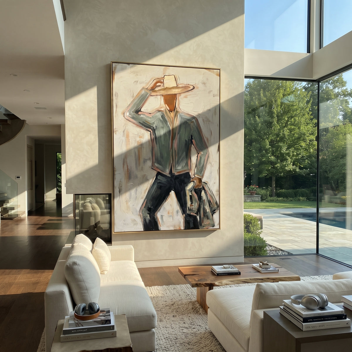 Long Steps Carry Shadow – walking cowboy with coat, contemporary Western vertical wall art - displayed above a narrow living room console