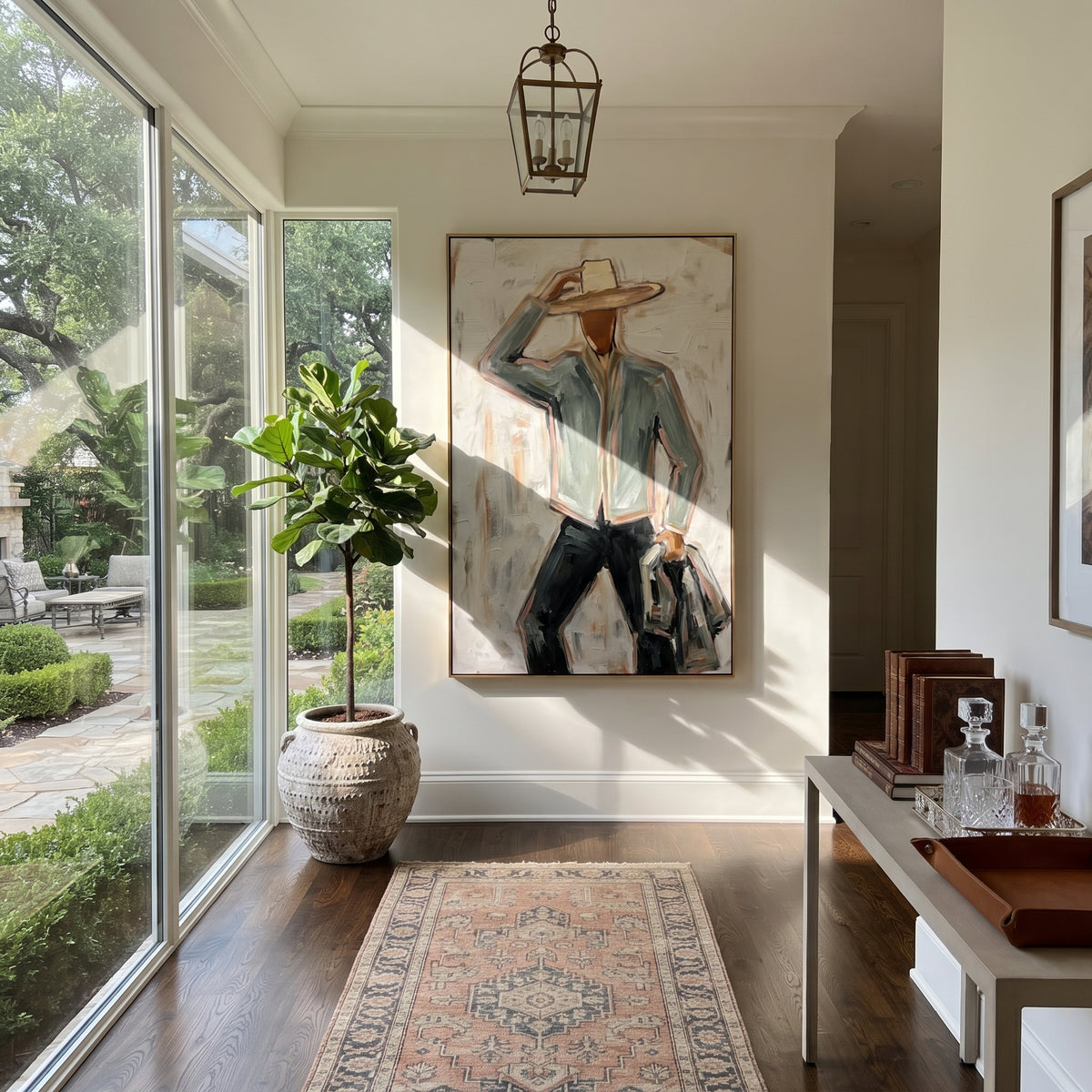 Long Steps Carry Shadow – walking cowboy with coat, contemporary Western vertical wall art - displayed in a quiet reading corner
