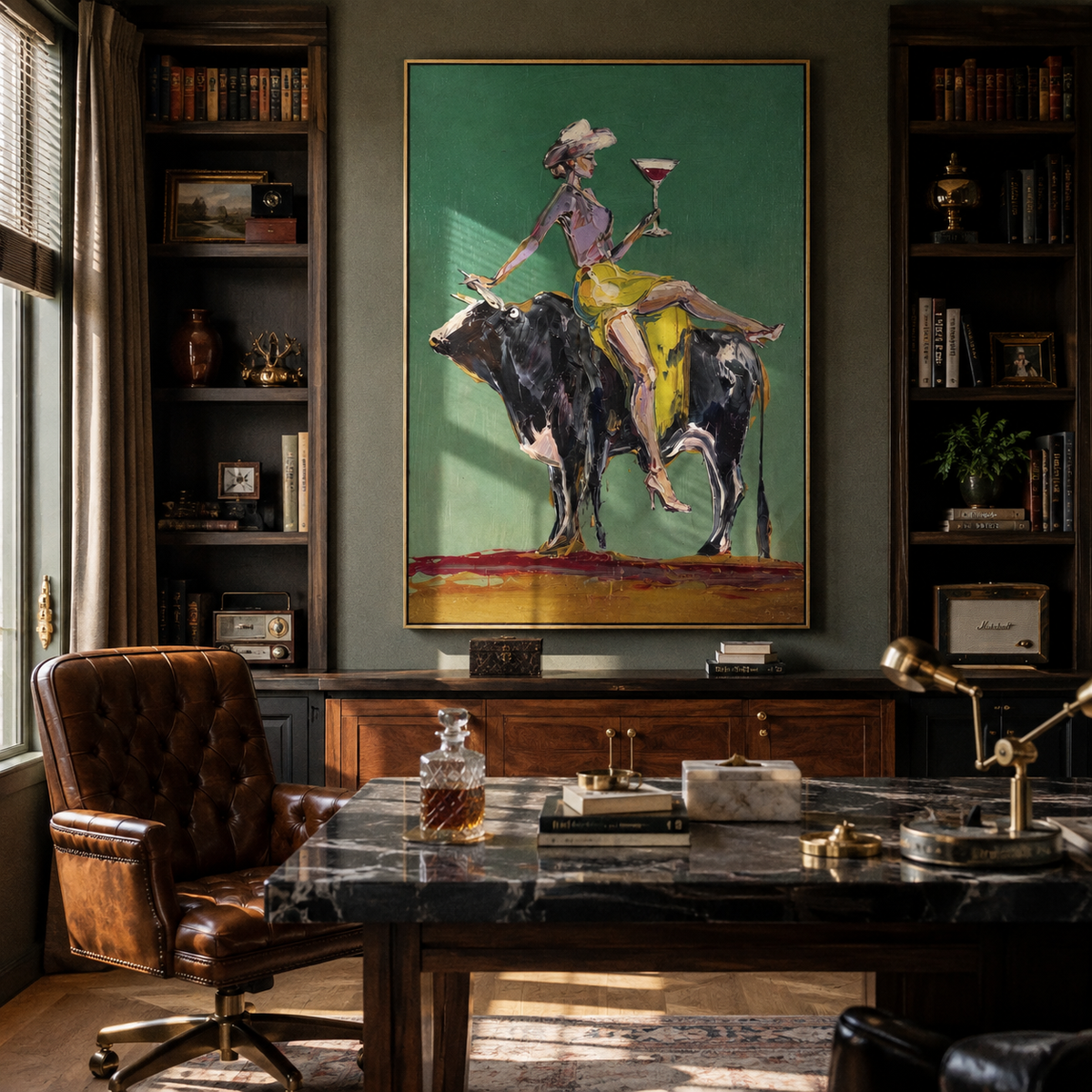 Martini Rides Black Bull – cowgirl bull martini, contemporary Western vertical wall art - displayed along a stair landing