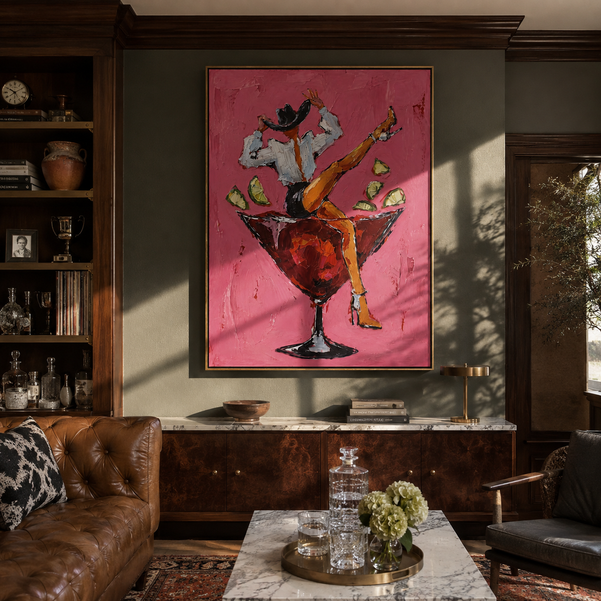 Crimson Glass Holds Swagger – cowboy in martini glass, contemporary Western vertical wall art - displayed above a narrow living room console