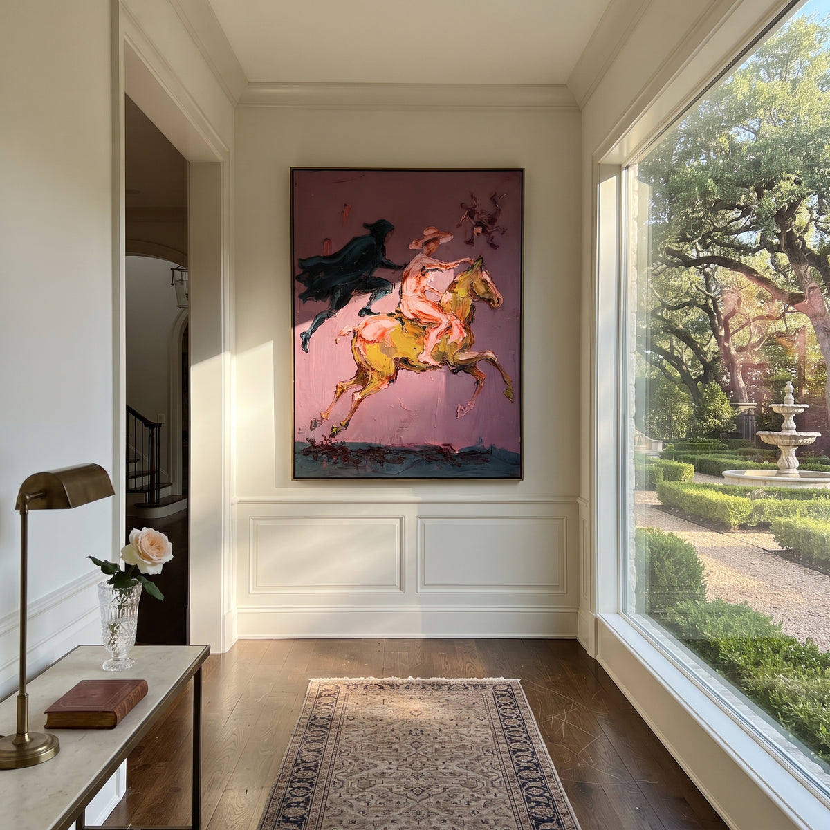 Black Horse Chases Ochre – two racing horse riders, contemporary Western vertical wall art - displayed above a narrow living room console