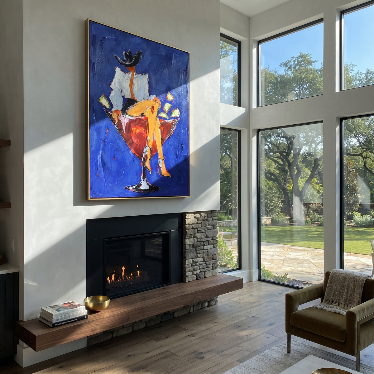 Blue Night Serves Martini – cowgirl in martini glass, contemporary Western vertical wall art - displayed through an entryway