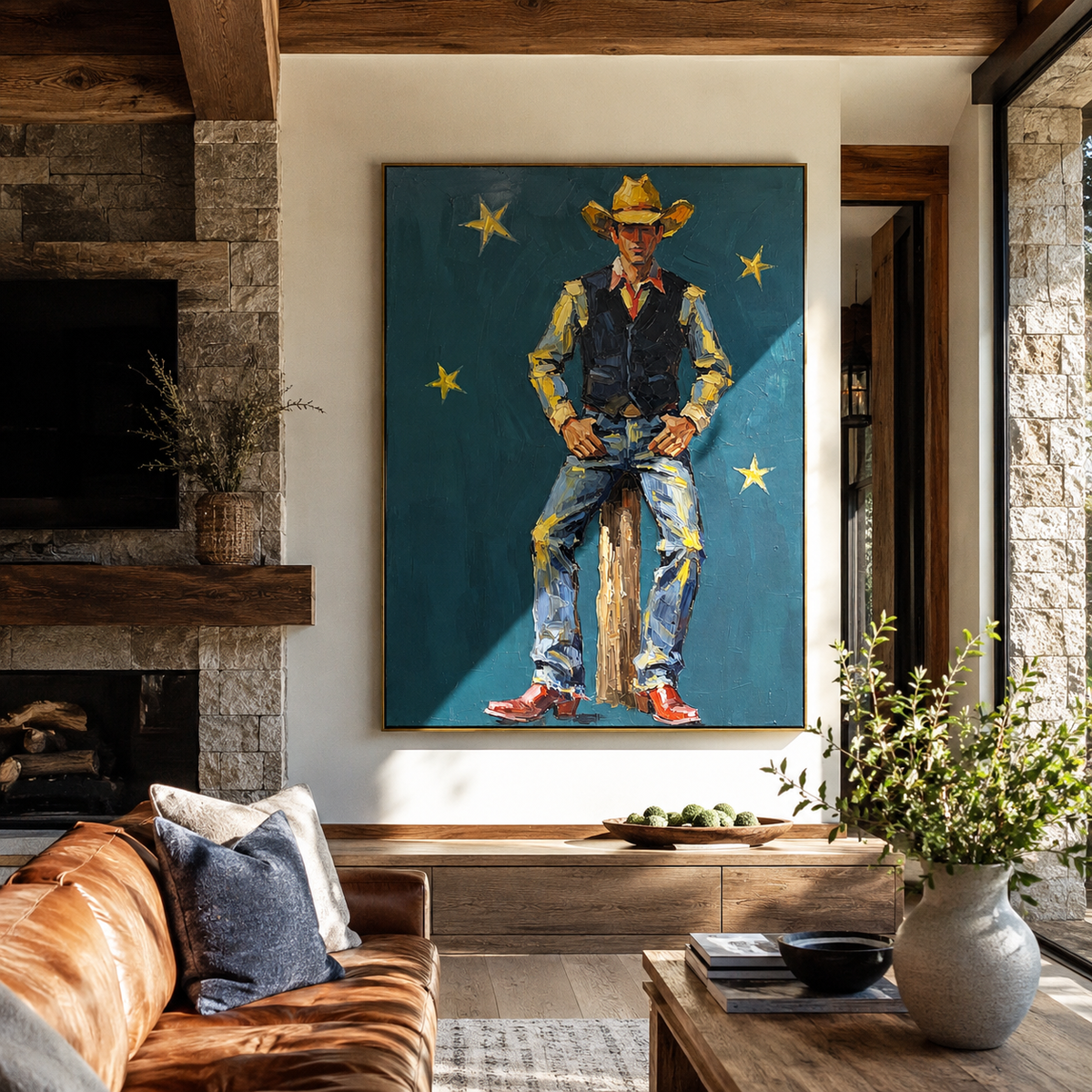 Stars Gather Around Denim – cowboy under stars, contemporary Western vertical wall art - displayed beside a bedroom dresser