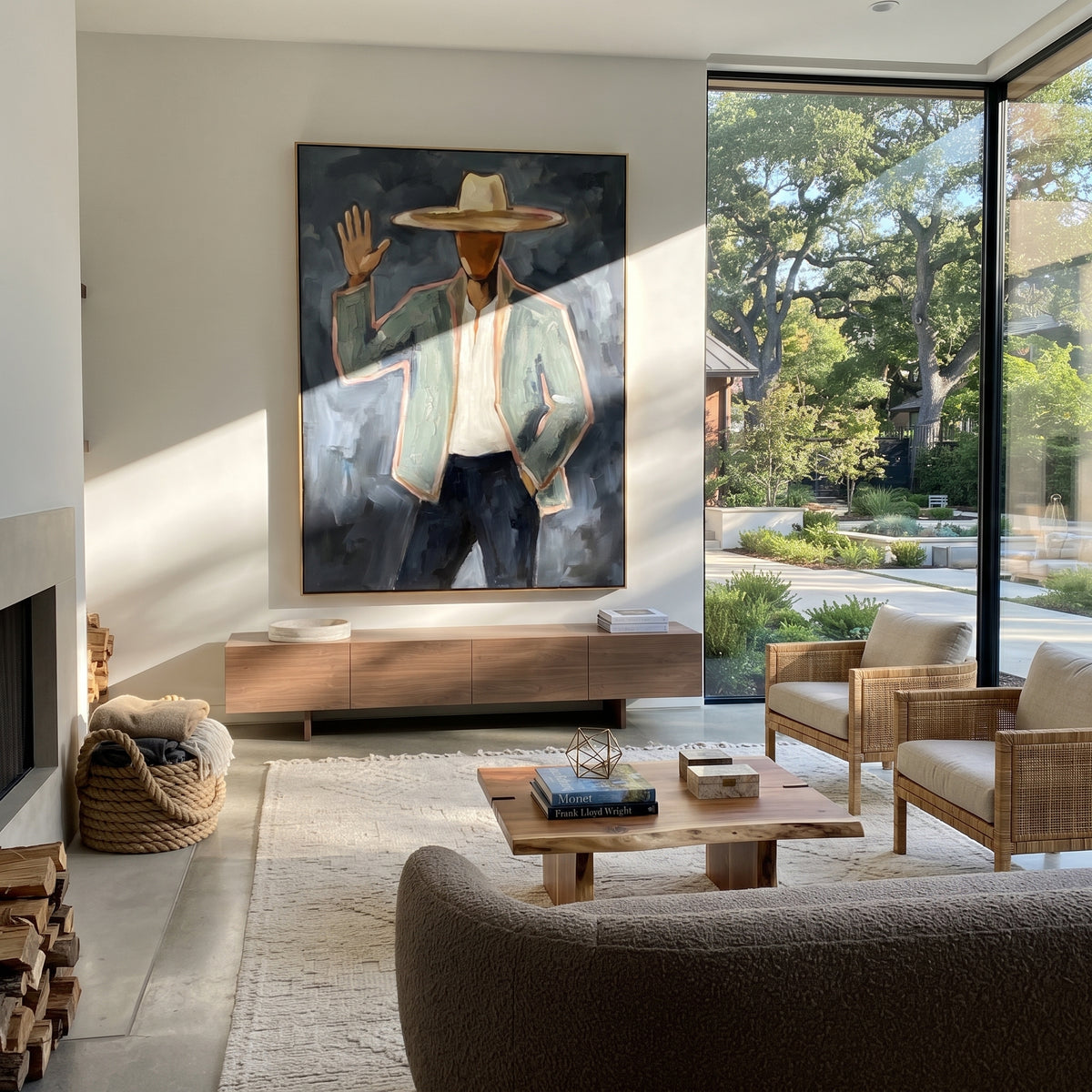 Raised Hand Greets Weather – waving faceless cowboy, contemporary Western vertical wall art - displayed in a quiet reading corner