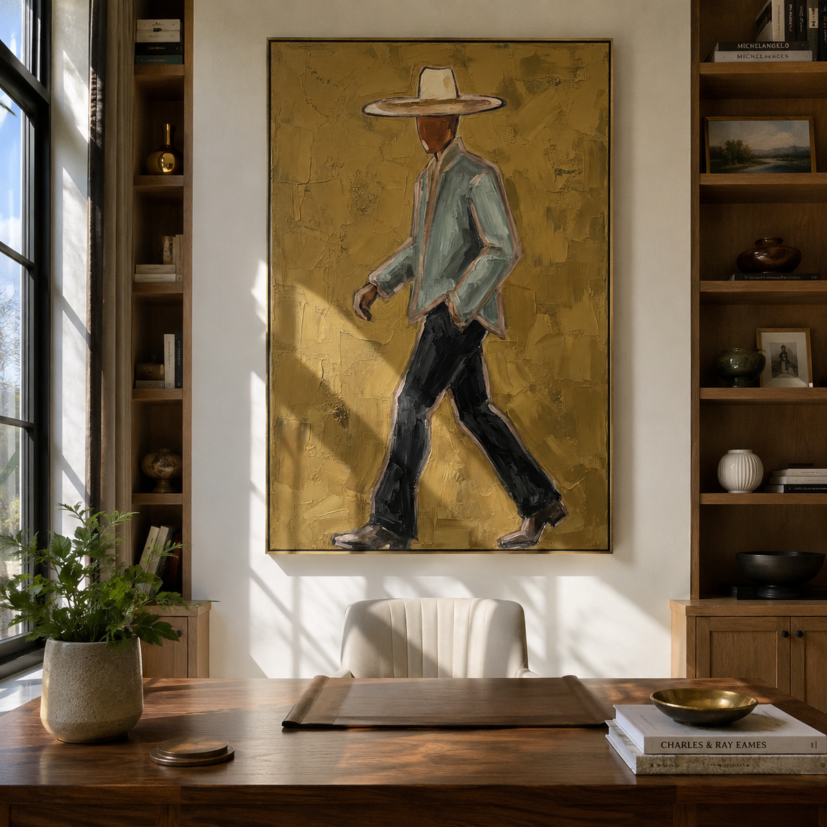 Long Stride Crosses Gold – walking green jacket cowboy, contemporary Western vertical wall art - displayed through an entryway