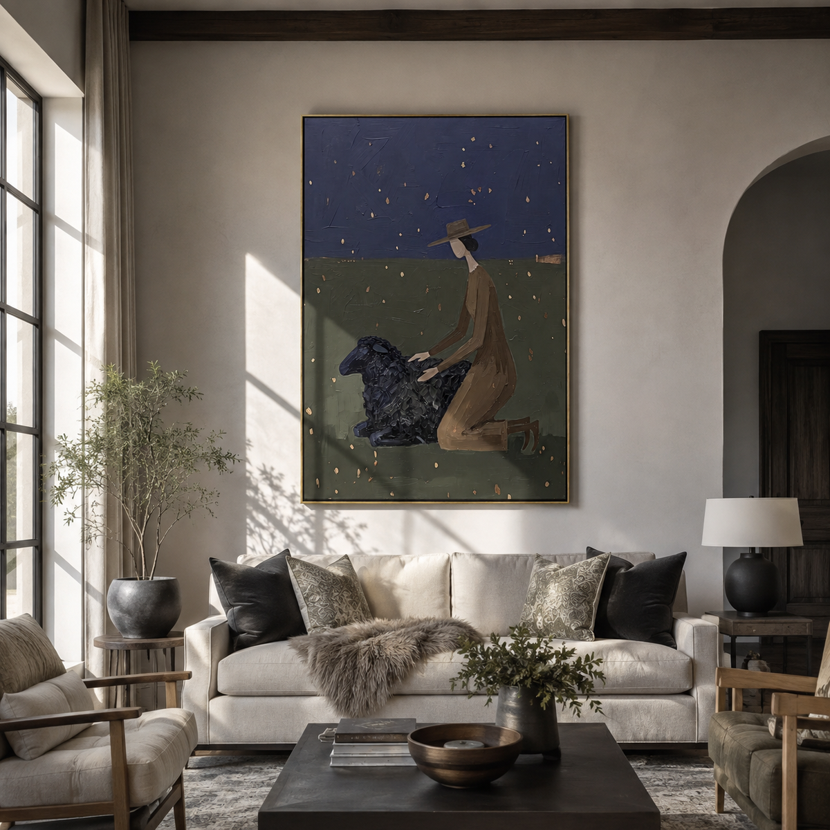 Black Dog Watches Stars – woman with black dog, contemporary Western vertical wall art - displayed along a stair landing