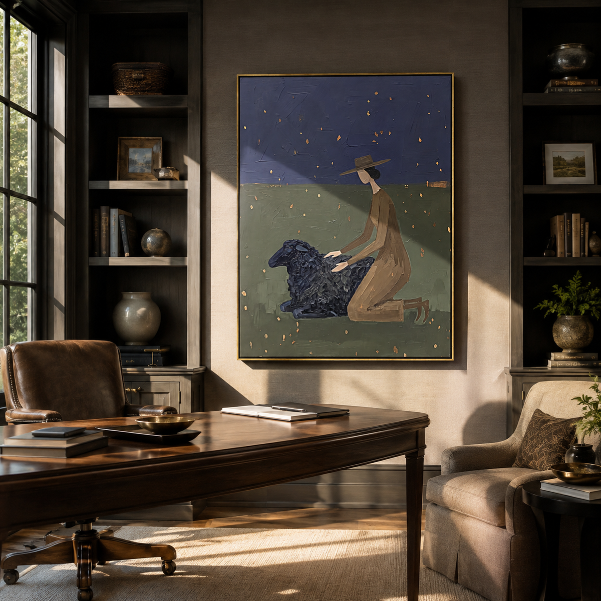 Black Dog Watches Stars – woman with black dog, contemporary Western vertical wall art - displayed above a narrow living room console