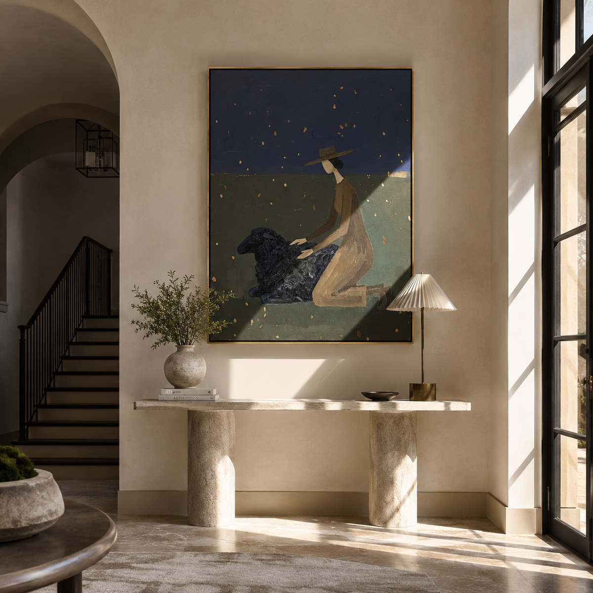 Black Dog Watches Stars – woman with black dog, contemporary Western vertical wall art - displayed in a quiet reading corner