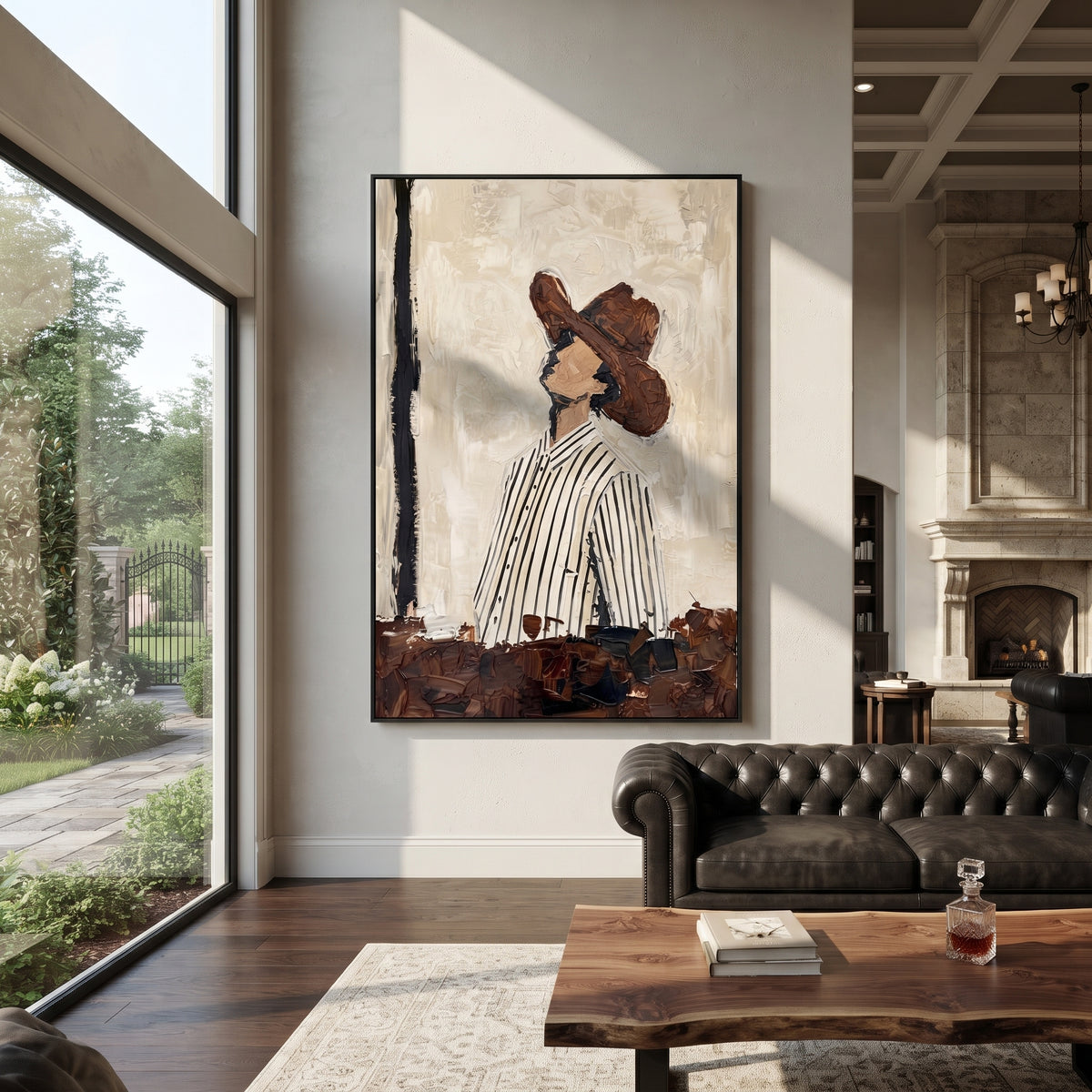 Striped Profile Faces Wind – striped cowgirl side portrait, contemporary Western vertical wall art - displayed along a stair landing