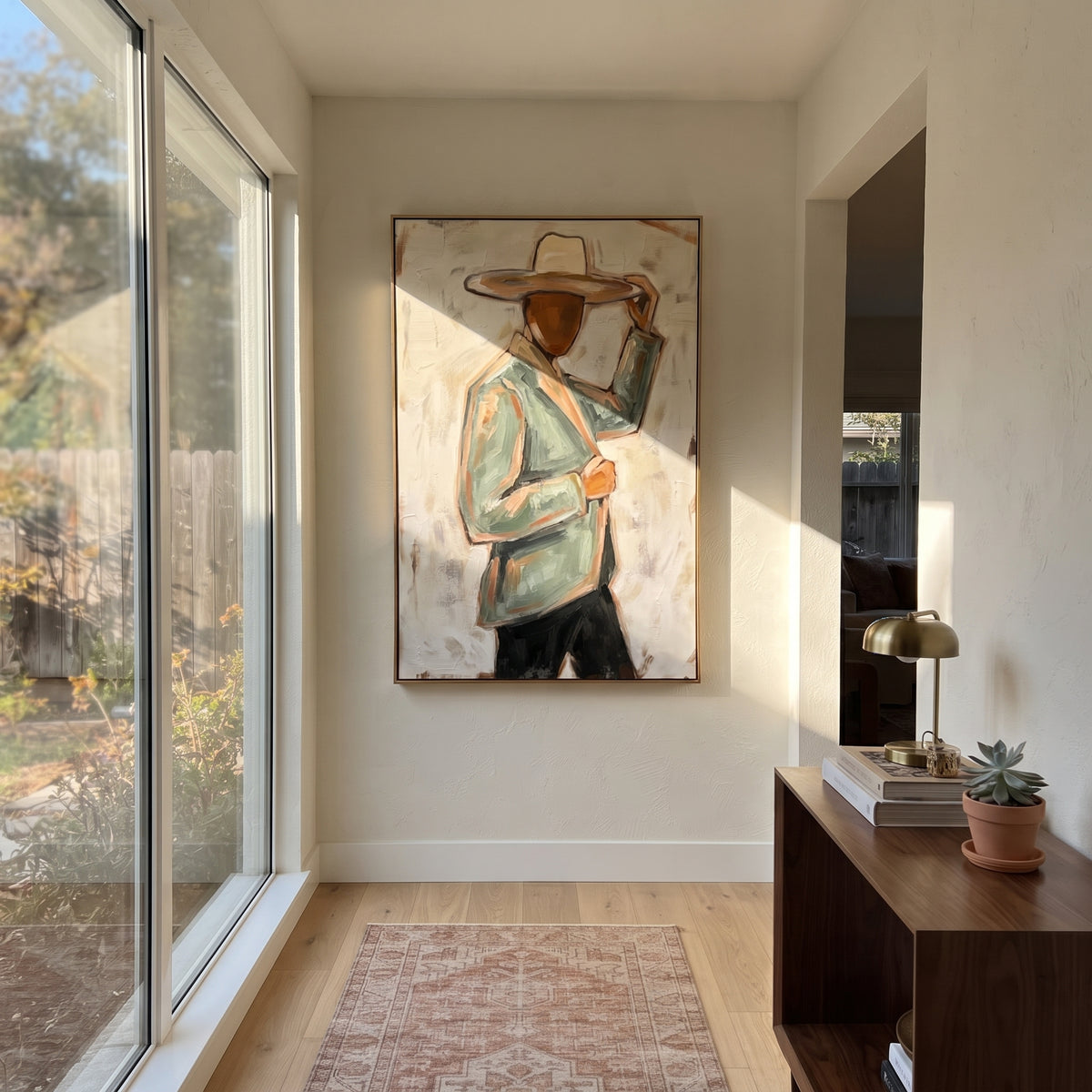 Pale Brim Holds Balance – green jacket cowboy portrait, contemporary Western vertical wall art - displayed beside a bedroom dresser