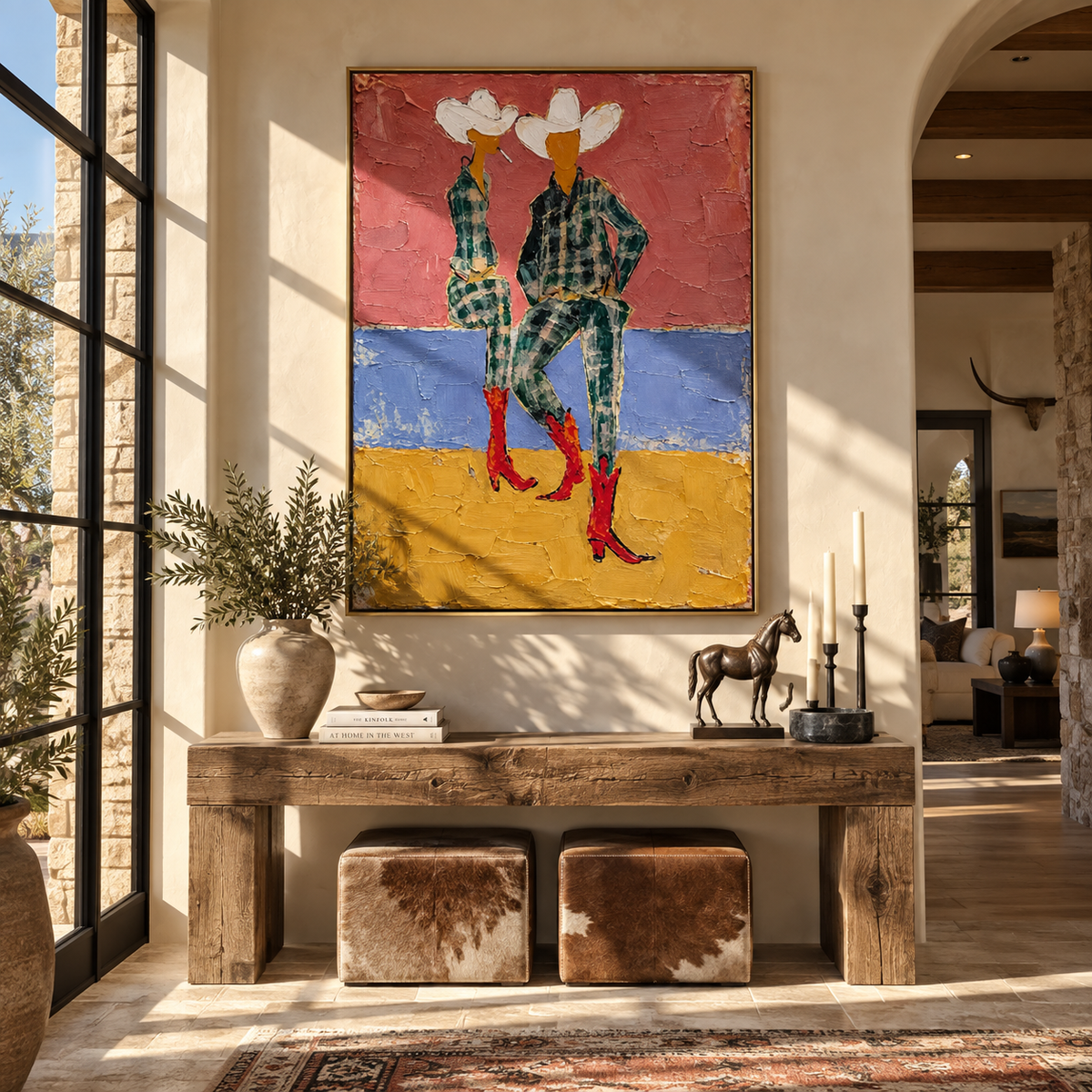 Red Boots Between Horizons – two cowgirls painting, displayed in a modern Western interior