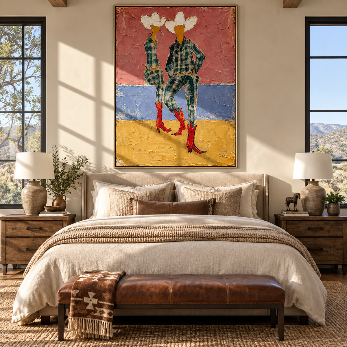 Red Boots Between Horizons – textured figurative painting presented in a refined room