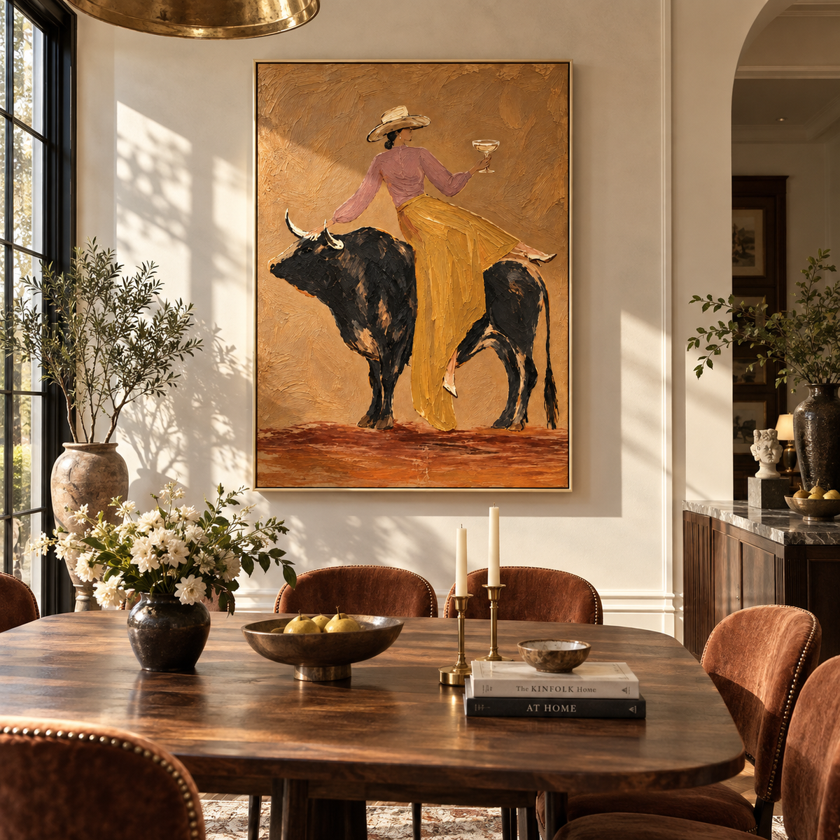 Martini on Black Bull – textured Western artwork shown in an alternate room setting