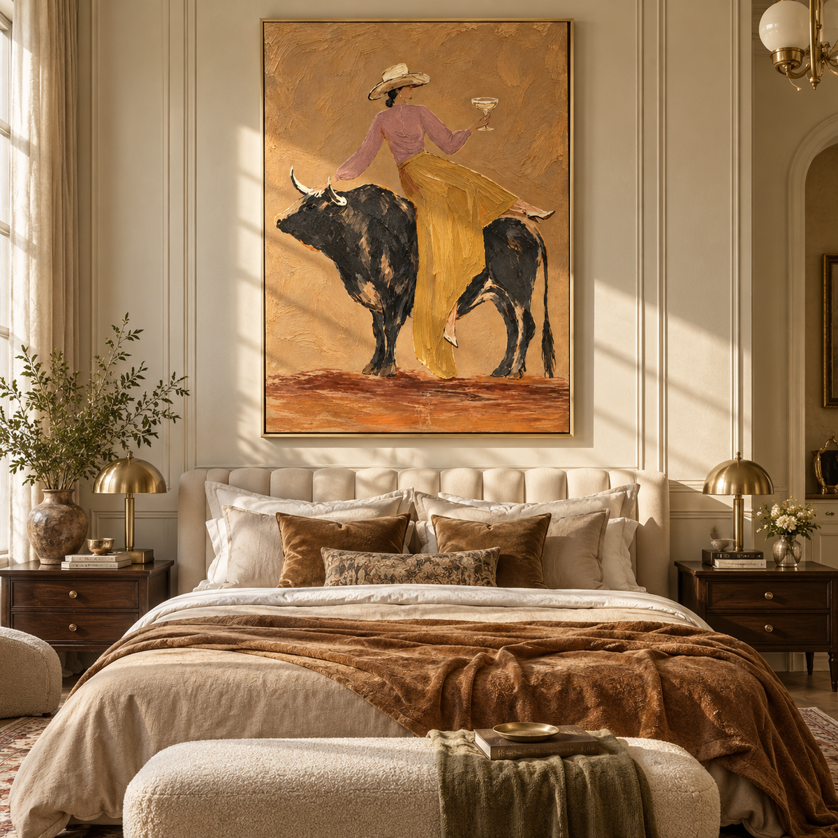 Martini on Black Bull – vertical Western painting styled with contemporary furniture