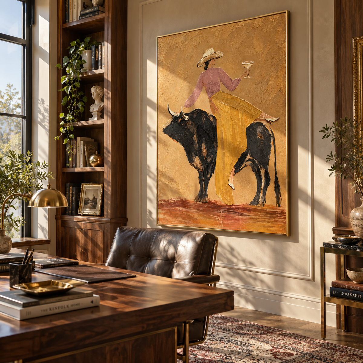 Martini on Black Bull – textured figurative painting presented in a refined room