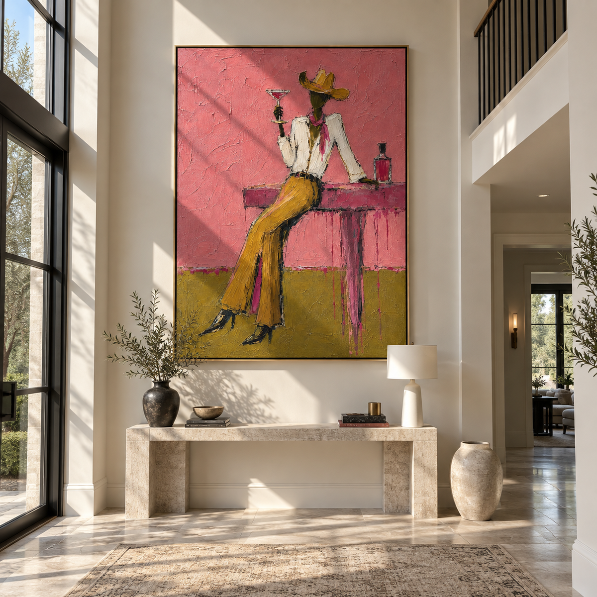 Golden Trousers Toast Pink presented over an entryway console in a contemporary home