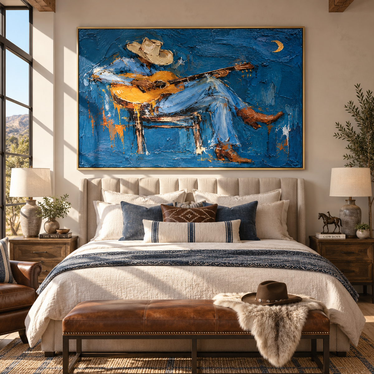 Moonlight Holds His Song cowboy guitar painting displayed in a contemporary interior