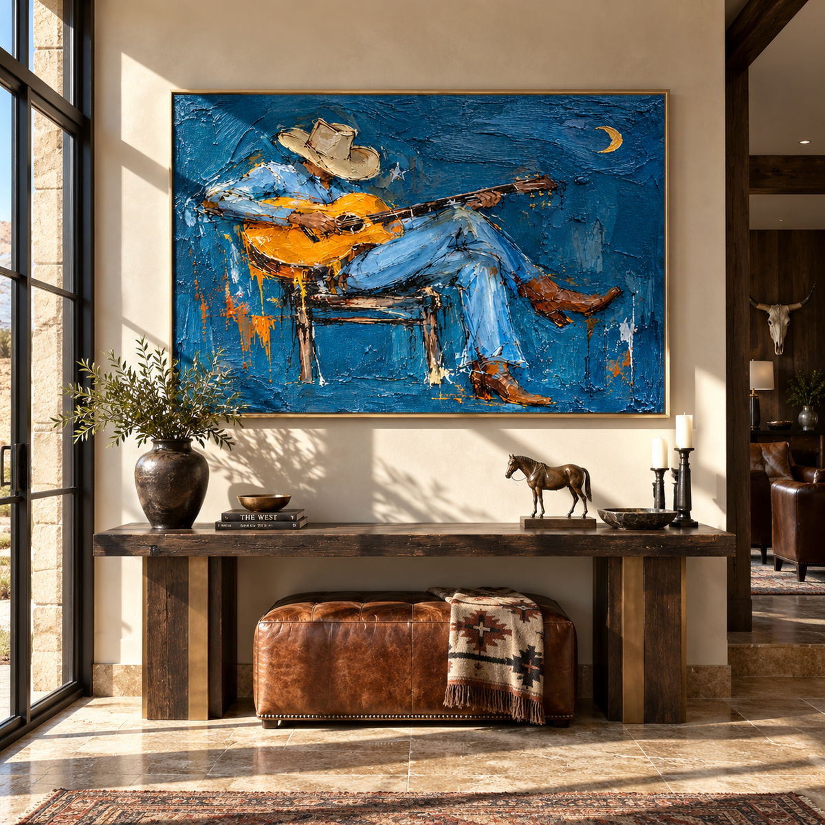 Moonlight Holds His Song textured cowboy wall art shown above modern furnishings