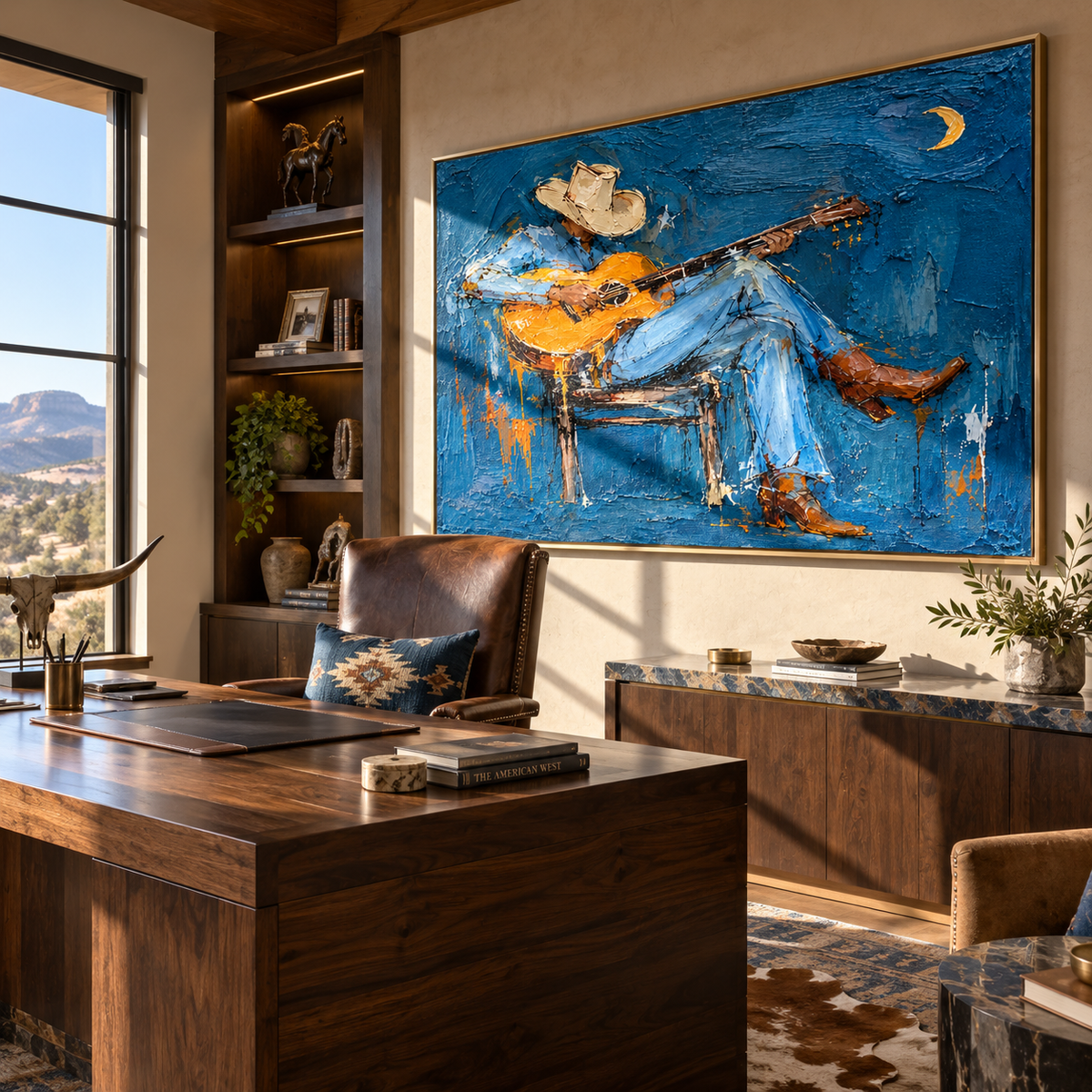 Moonlight Holds His Song guitar player painting presented in an alternate room setting