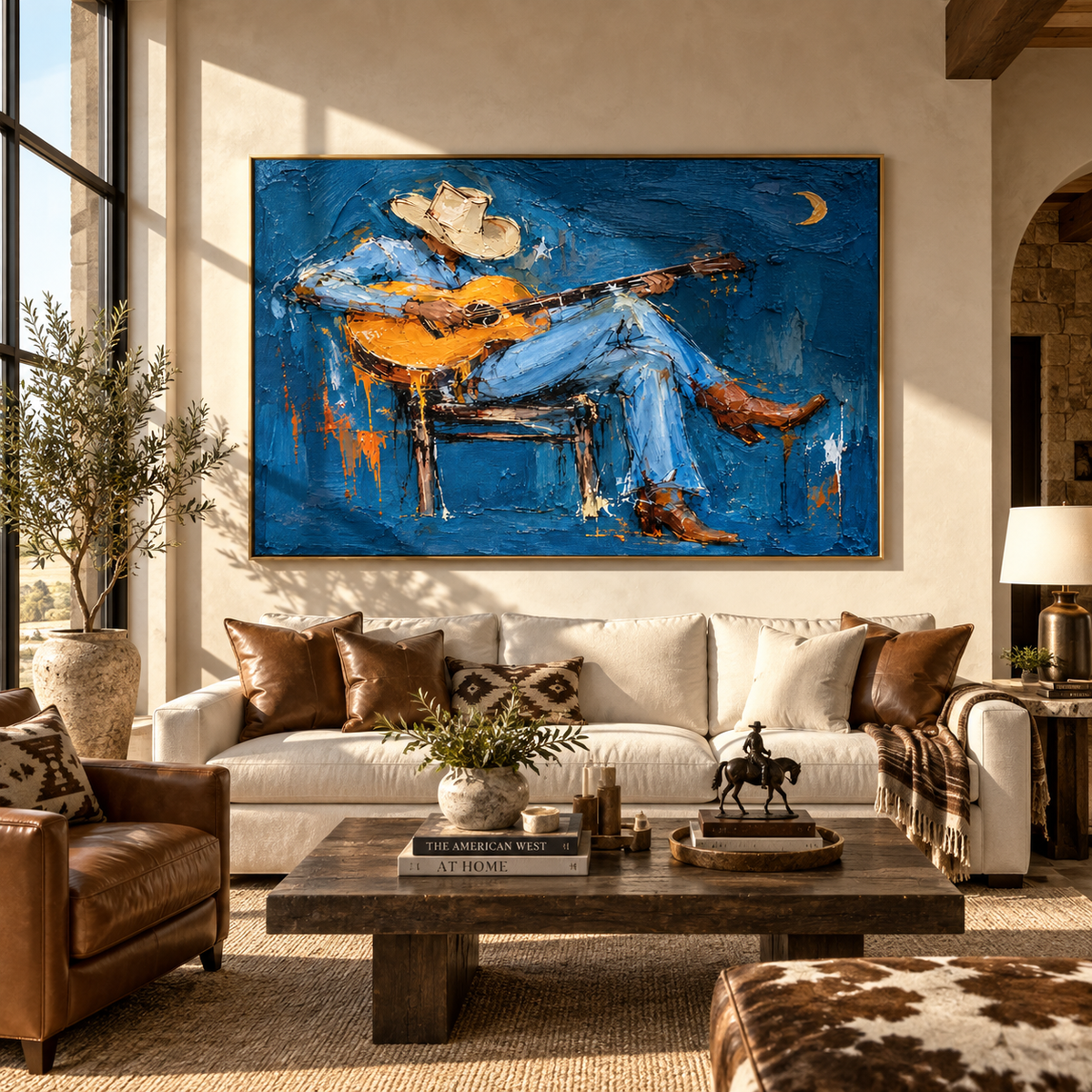 Moonlight Holds His Song blue Western artwork styled as a square focal point