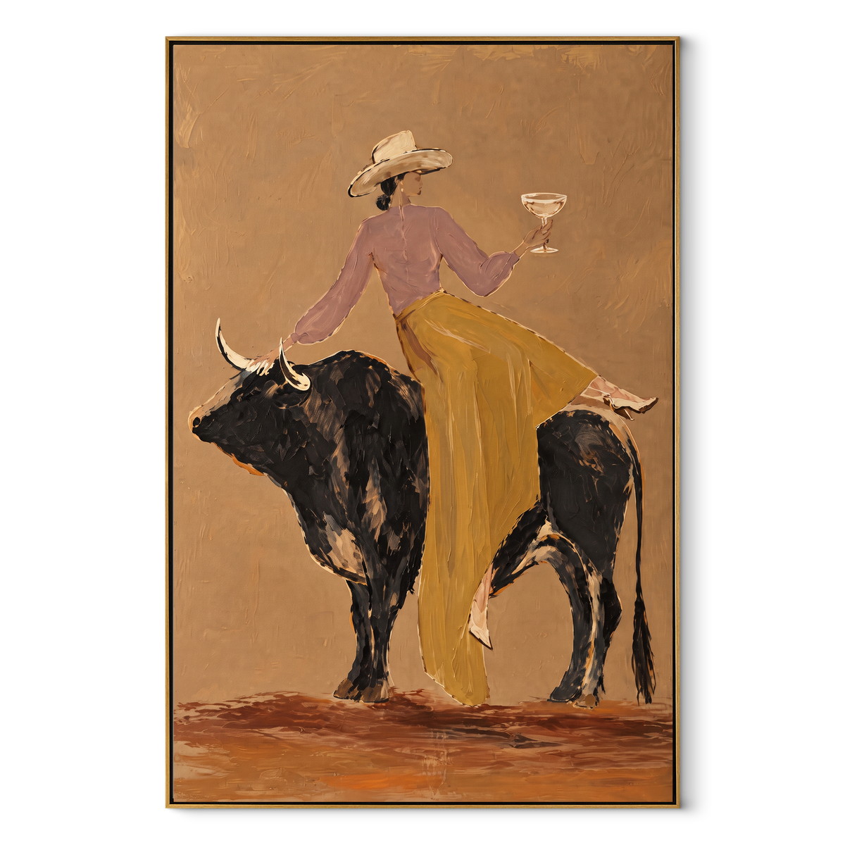 Coupe Raised Over Bull vertical painting in a wood frame on a white background