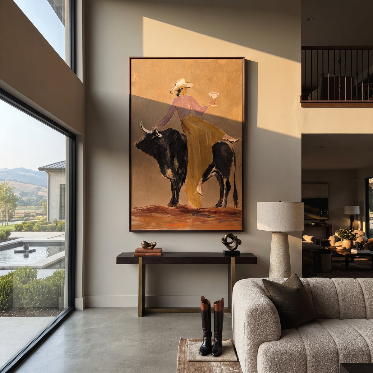 Coupe Raised Over Bull wall art shown above contemporary furnishings