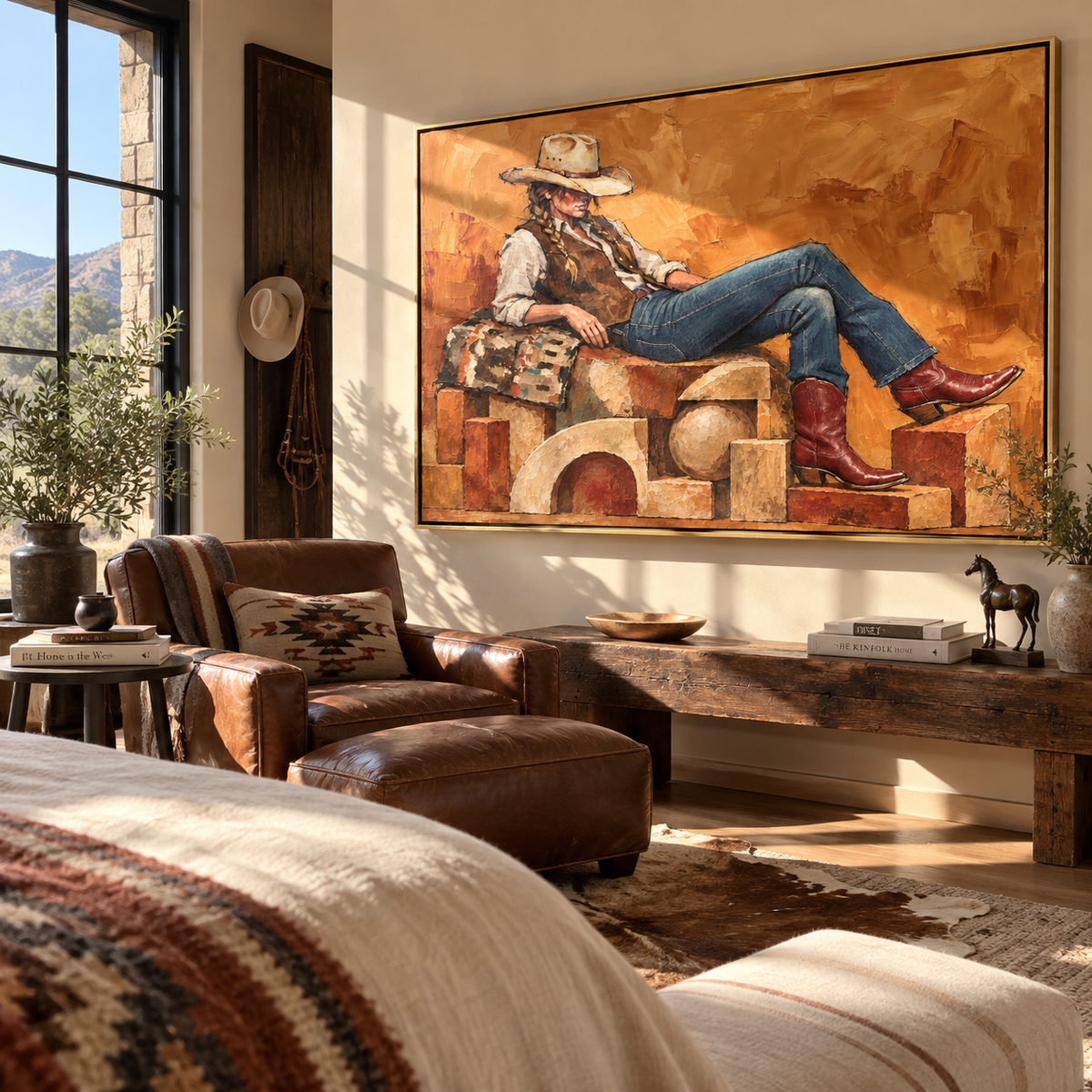 Copper Chair Repose - resting cowboy painting displayed in a styled interior