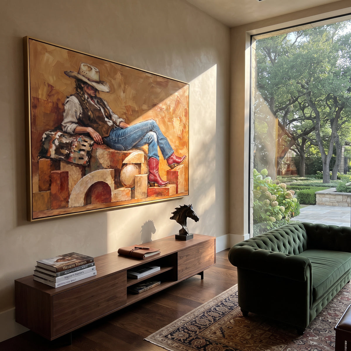 Copper Chair Repose - resting cowboy painting shown in modern room setting 3