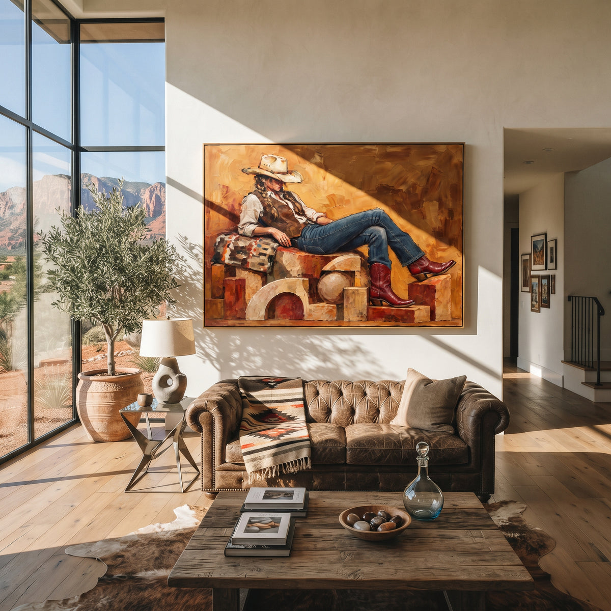 Copper Chair Repose - resting cowboy painting shown in modern room setting 5