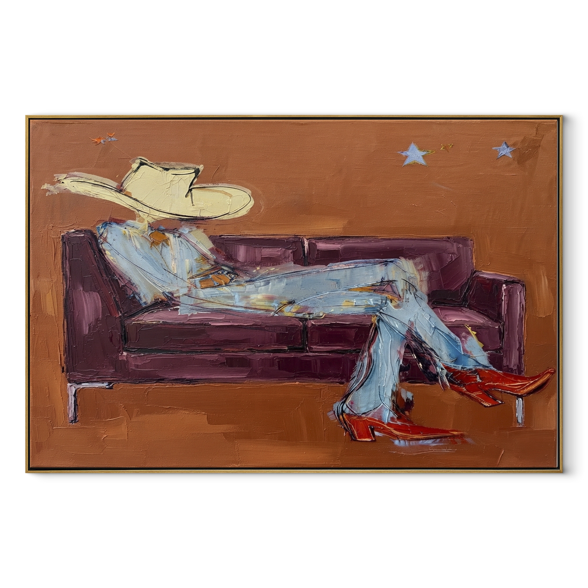 Burgundy Sofa, White Hat - reclining cowboy painting in a wood frame on white
