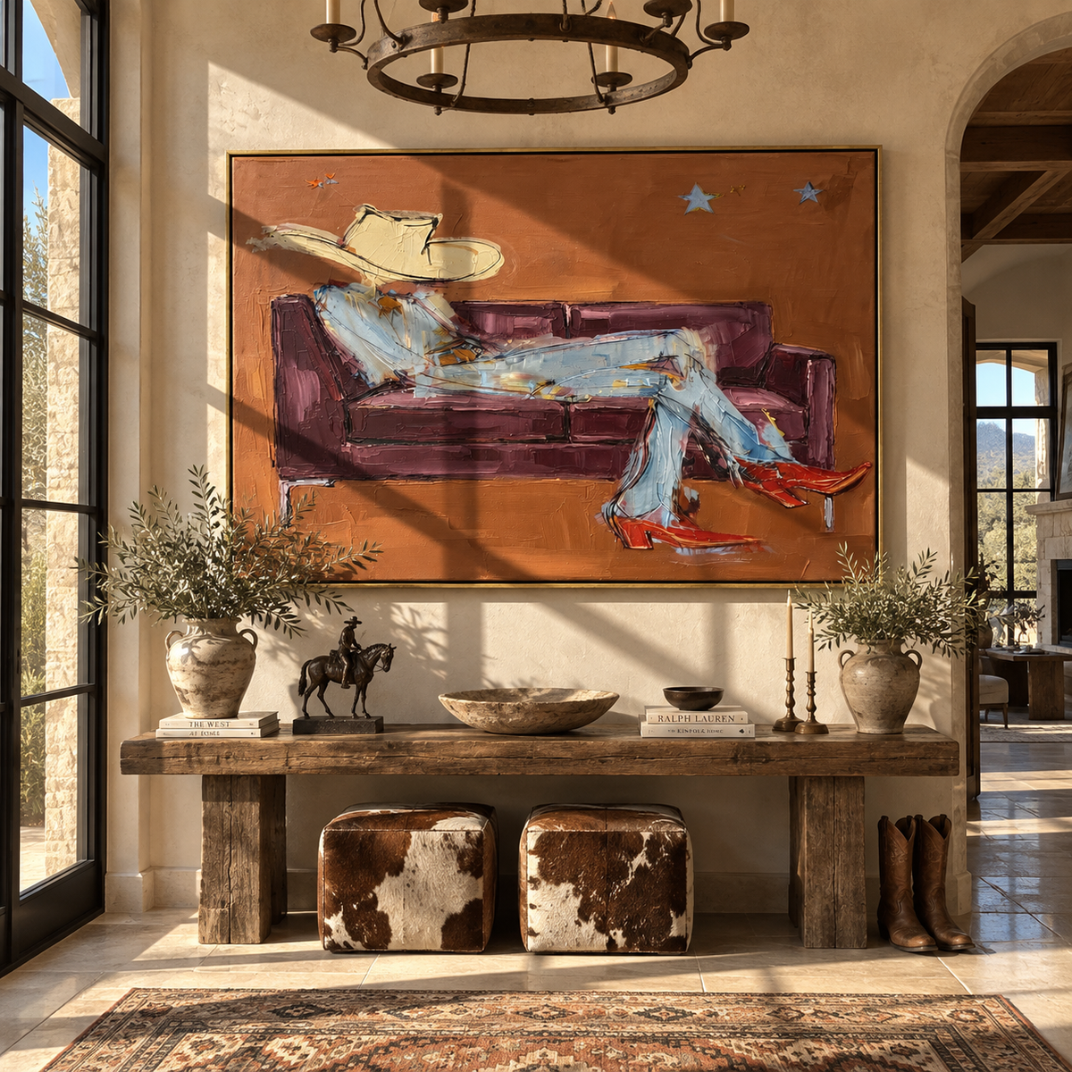 Burgundy Sofa, White Hat - reclining cowboy painting shown in modern room setting 3