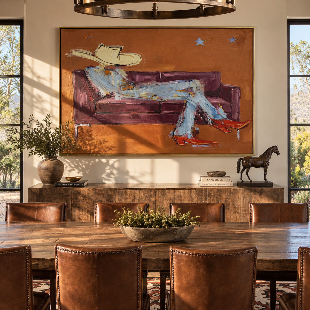 Burgundy Sofa, White Hat - reclining cowboy painting shown in modern room setting 4