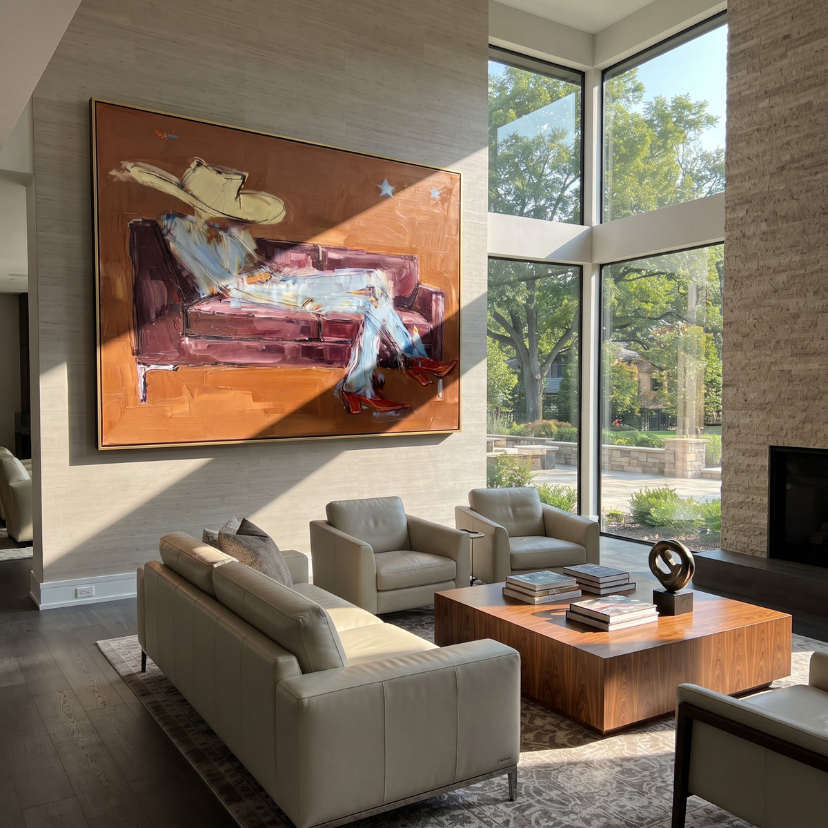 Burgundy Sofa, White Hat - reclining cowboy painting shown in modern room setting 5