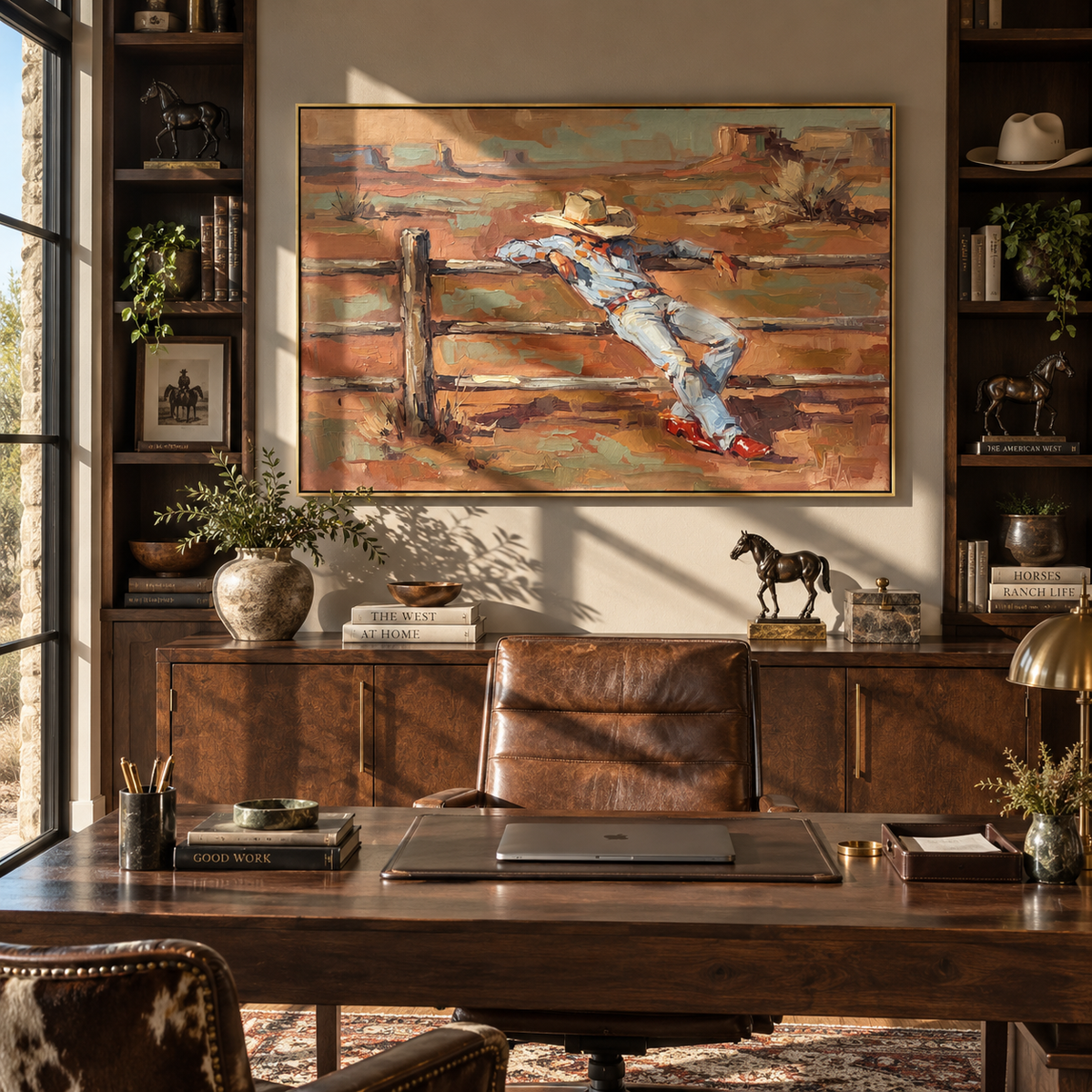 Rest Beyond the Fence - cowboy by fence painting displayed in a styled interior