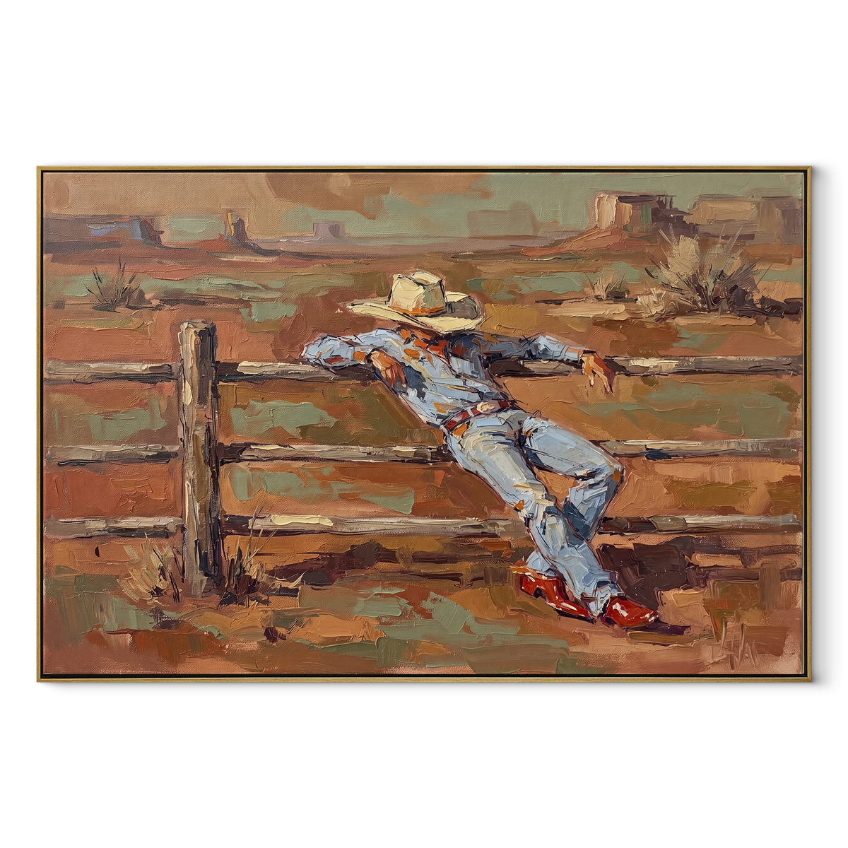 Rest Beyond the Fence - cowboy by fence painting in a wood frame on white